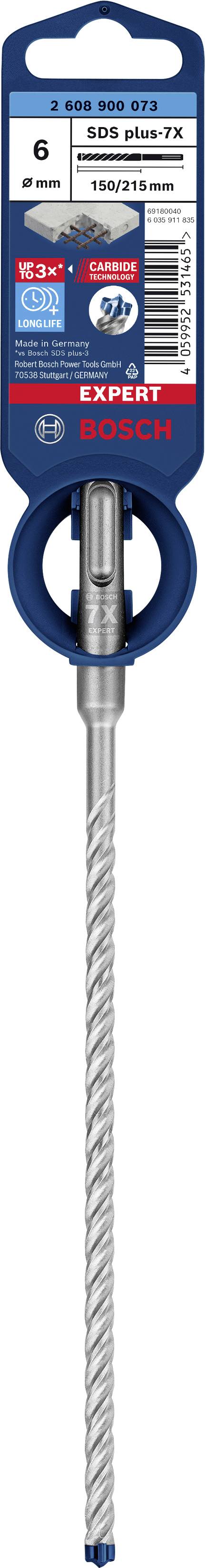 Bosch 309 6mm-7X SDS-fúrószár eredeti csomagolással. Tartalmaz információkat a méretről, típusról, gyártói logóról és felhasználási útmutatásokról.