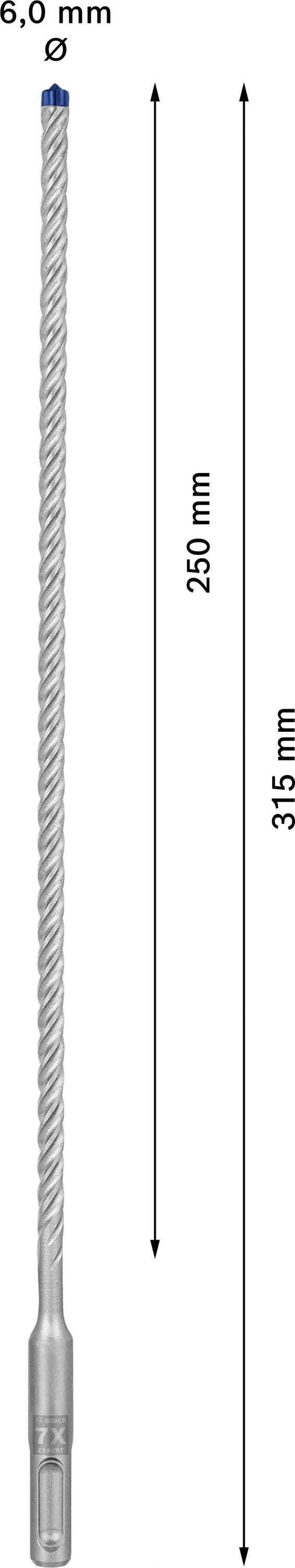 '6,0 mm átmérőjű és 315 mm hosszúságú fúró. Használható hosszúság 250 mm.'