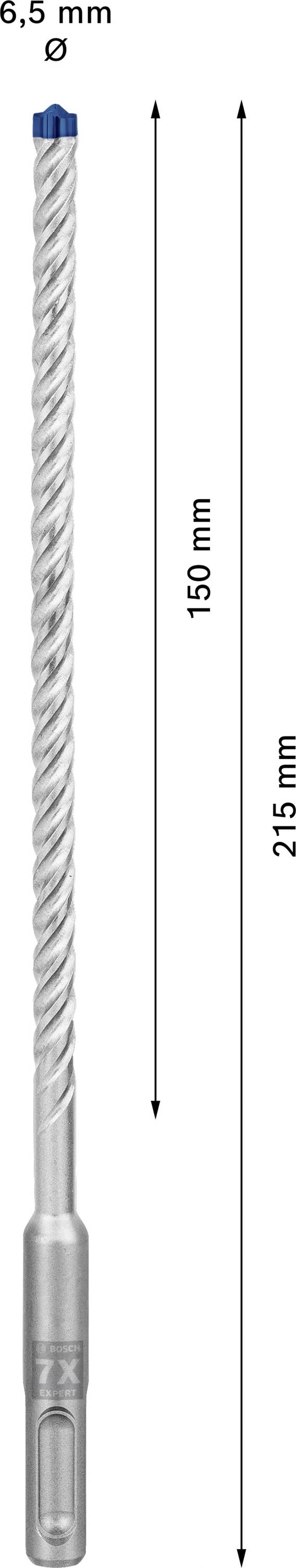6,5 mm átmérőjű fúrószár, 150 mm munkahosszal, 215 mm teljes hosszal, ezüstszínű kék heggyel, precíziós fúráshoz.