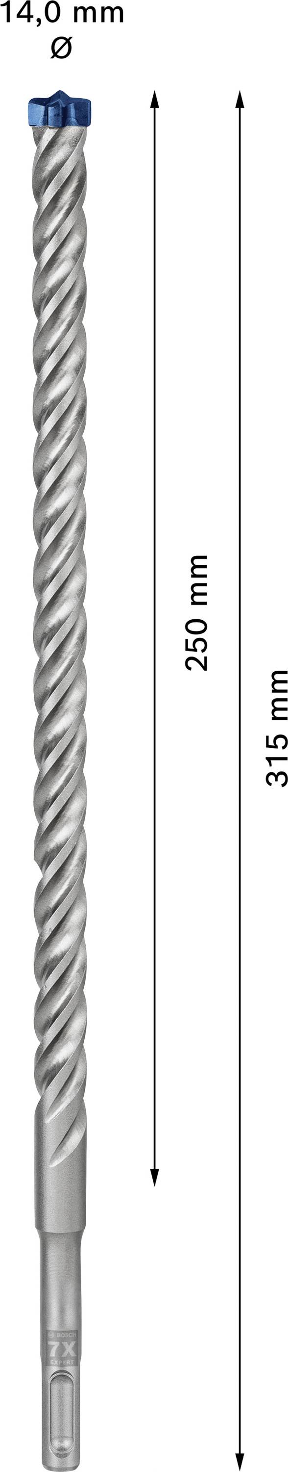 14 mm átmérőjű fúrószár, 315 mm hosszúságú, 250 mm hasznos hosszal, alkalmas fúrógépekhez.
