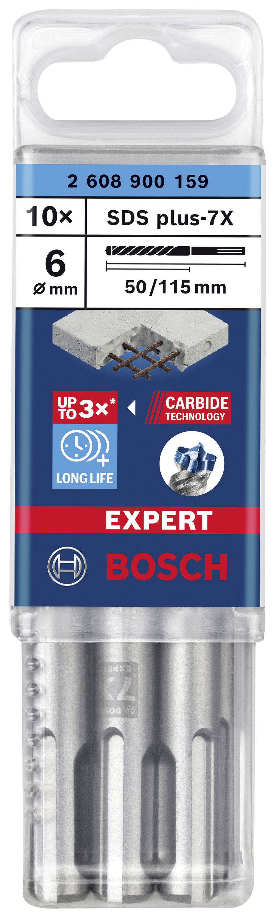 Bosch fúrókészlet: Tartalmaz 10 darab SDS plus-7X fúrót, 6 mm átmérővel, 50/115 mm hosszúságban. Karbid technológiával védve.