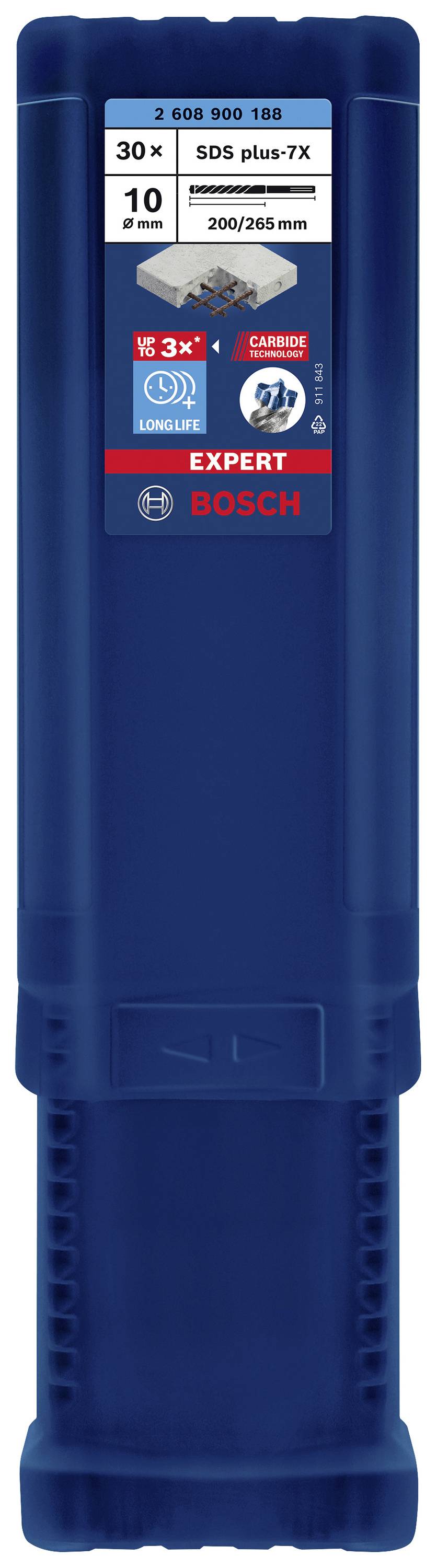 A Bosch Expert SDS plus-7X fúrókészlet doboza, betonhoz alkalmas, 10 darabos, méret 200/265 mm, tartós használatra.