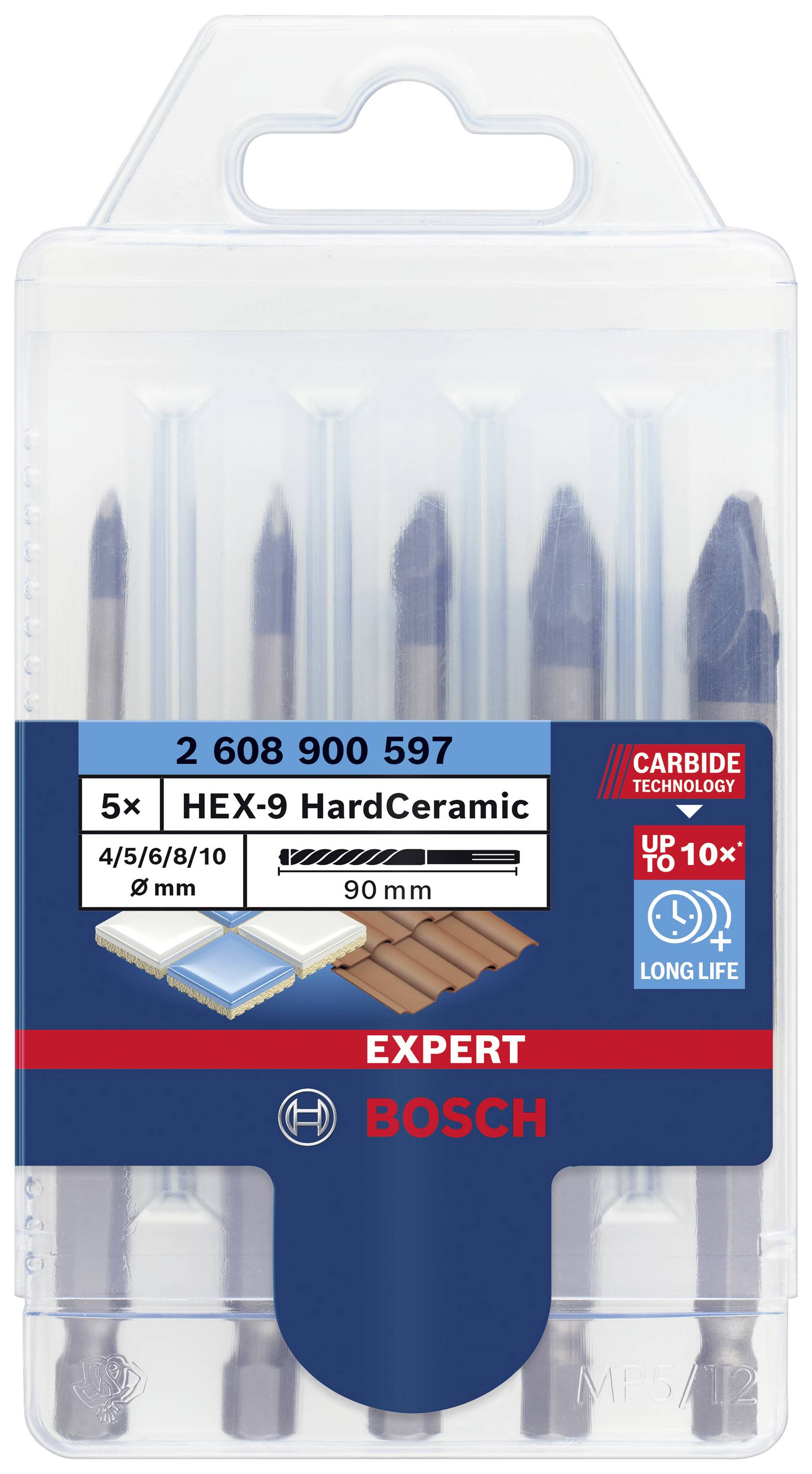Egy Bosch által gyártott öt fúrófejből álló készlet. 'HEX-9 HardCeramic' méretekben 4/5/6/8/10 mm, 90 mm hosszúságban. Kiemelendő tulajdonság: rendkívül hosszú élettartam.