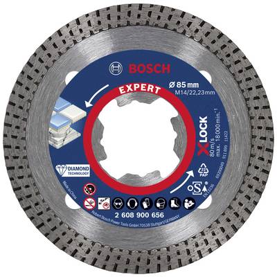 Egy kerek Bosch gyémánt vágótárcsa, 85 mm átmérőjű, 'EXPERT' sorozat, M14/22,23 mm-es illesztéshez, X-LOCK rendszerrel.
