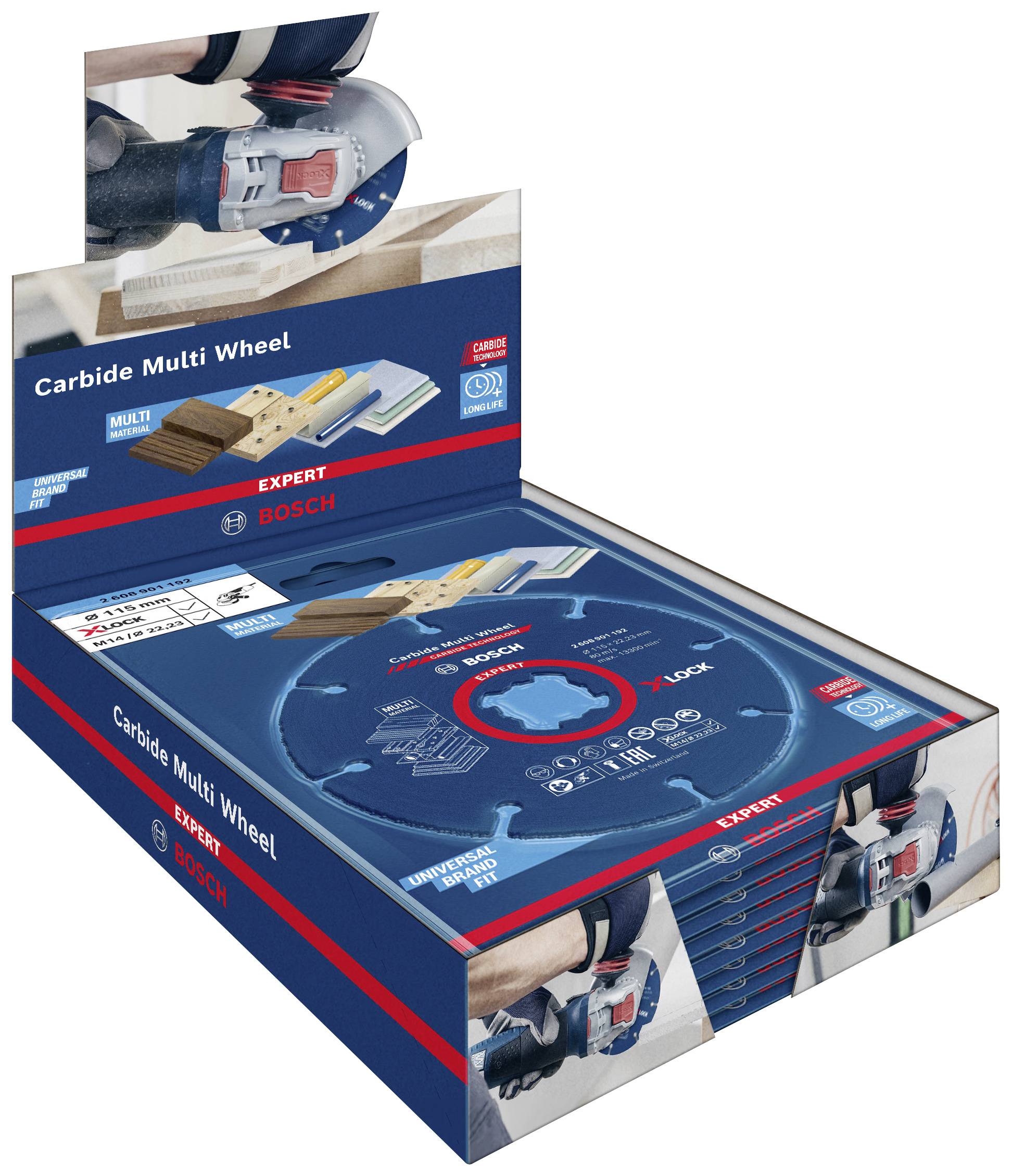 Értékesítési display Bosch 'Expert Carbide Multi Wheel' tartozékokkal és sarokcsiszoló alkalmazások képeivel.