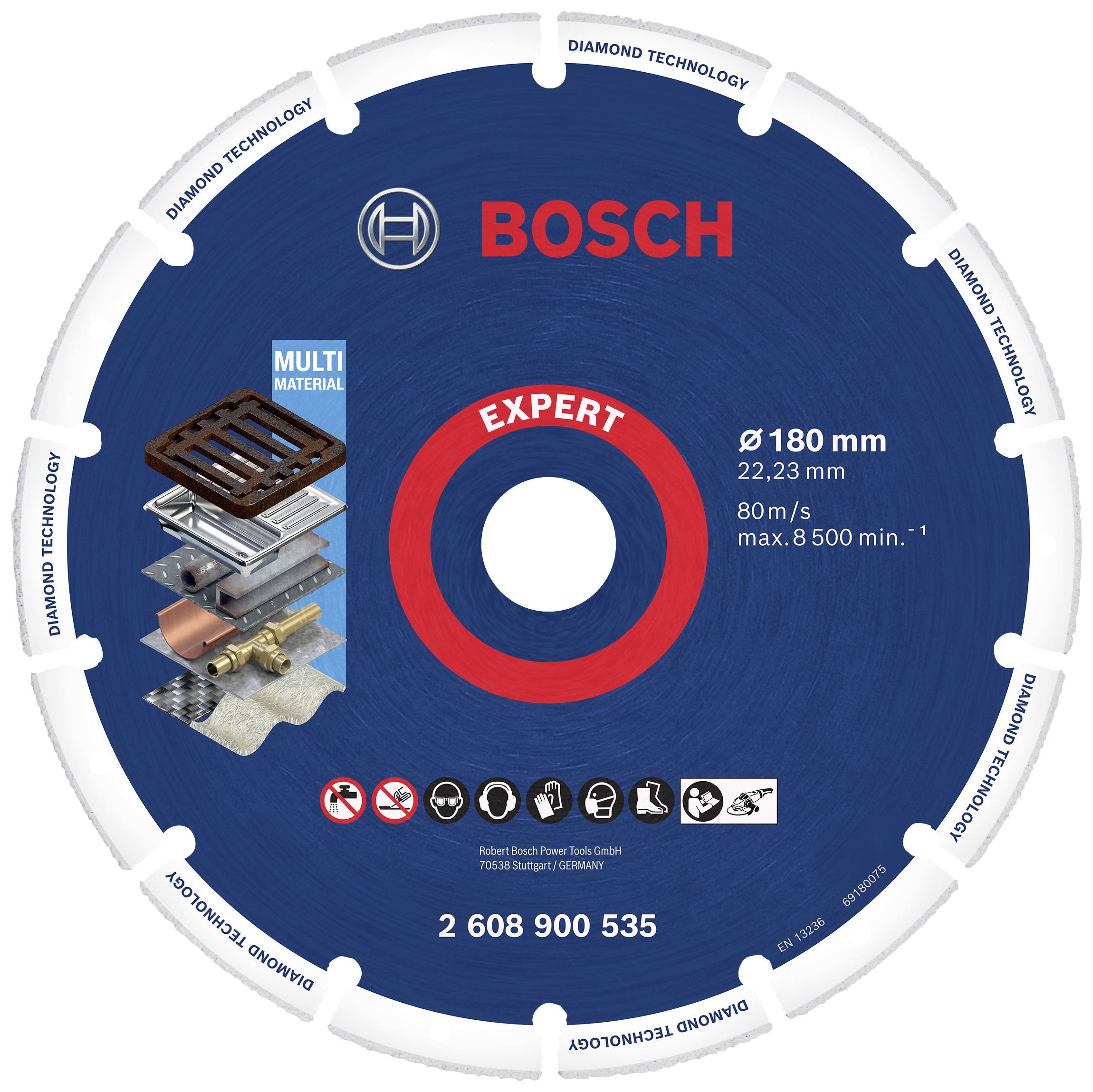 'Bosch Expert' elválasztótárcsa többféle anyaghoz, 180 mm átmérő, max. 8.500 fordulat/perc. Vágóanyagok ábrázolása.