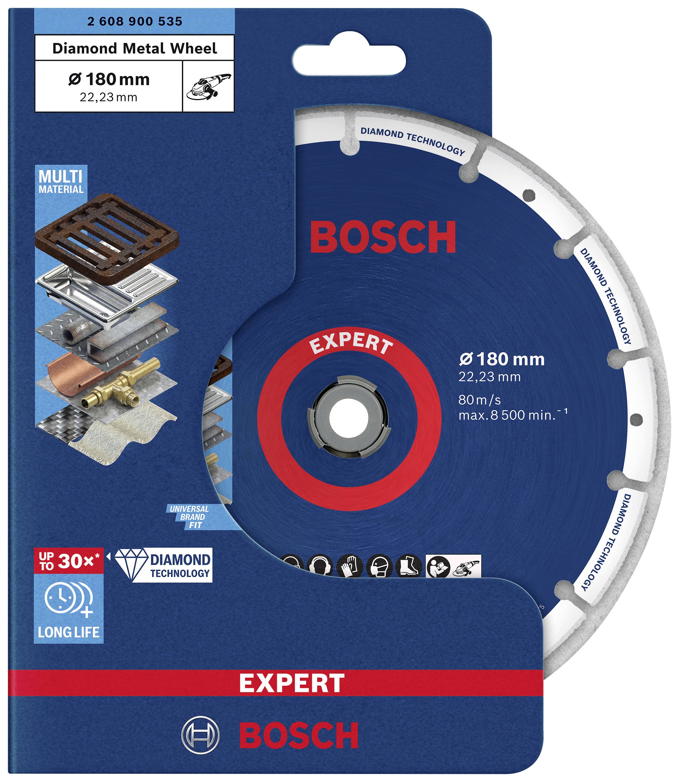 Egy Bosch Expert gyémánttárcsa csomagolása fémhez, 180 mm átmérőjű. Különböző anyagokhoz alkalmas.