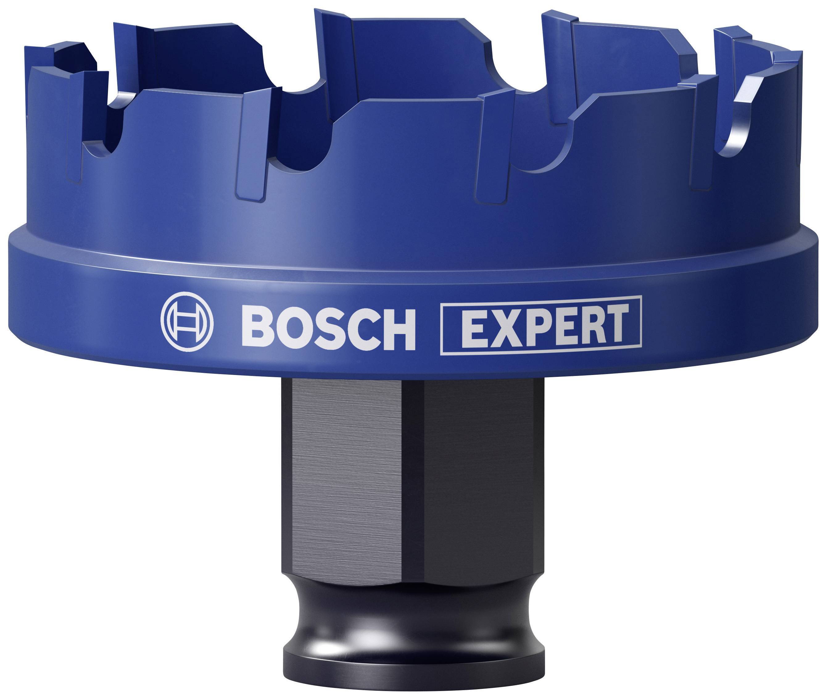 "Bosch Expert" lyukfűrész kék, fogazott szélű és fekete fúrószárral; alkalmas kemény anyagok fúrására.