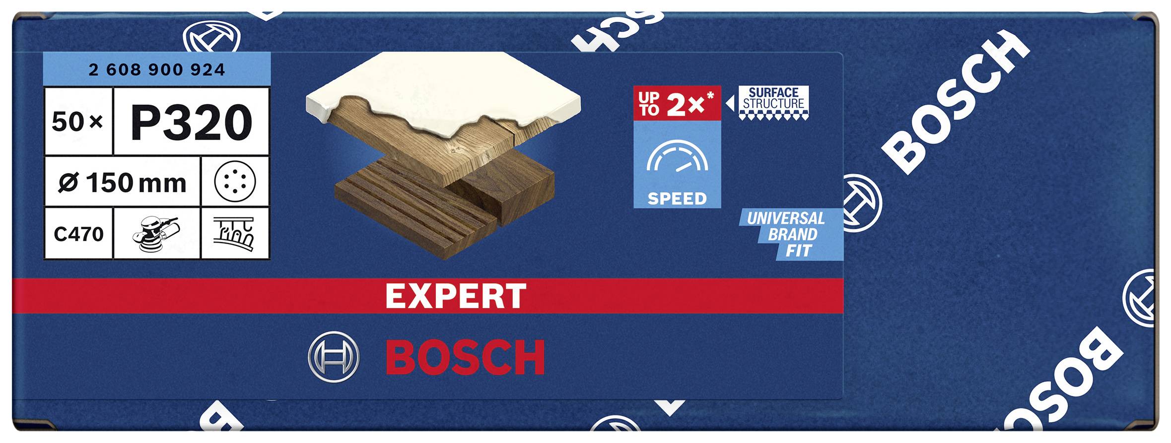 Bosch 'Expert' csiszolópapír csomag, 50 lap, P320 szemcseméret, 150 mm átmérő, fához alkalmas, sebesség és tartósság szimbólumokkal.