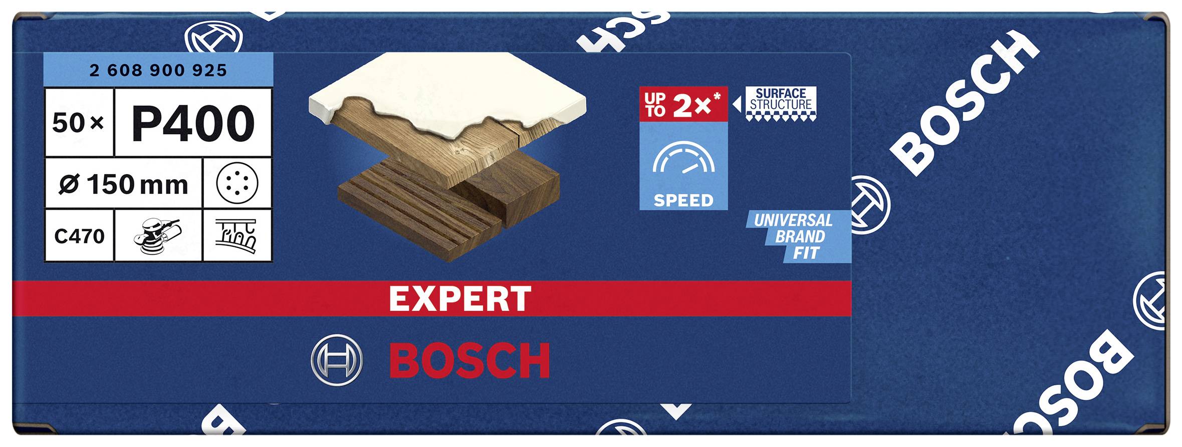 Bosch csiszolópapír csomag, P400 szemcseméret, 50 darab, 150 mm átmérő, alkalmas fa és festék megmunkálásához, univerzális illeszkedés.