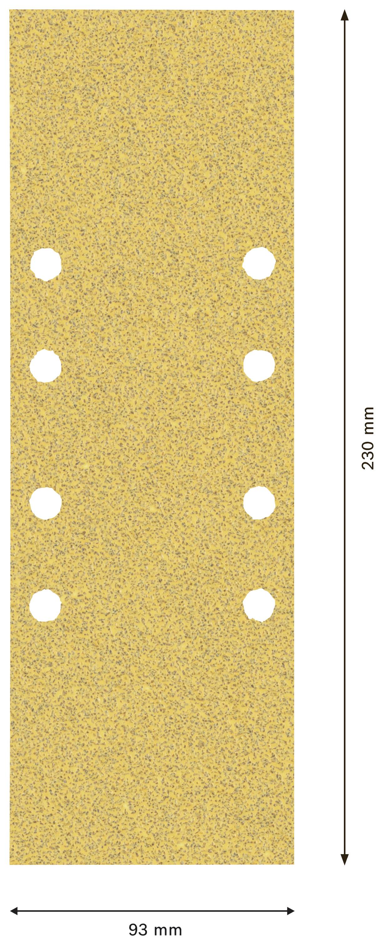 Egy homokszínű csiszolópapír ábrázolása, amelyen 8 egyenletesen elosztott lyuk van. Méretei: 230 mm magasság és 93 mm szélesség.