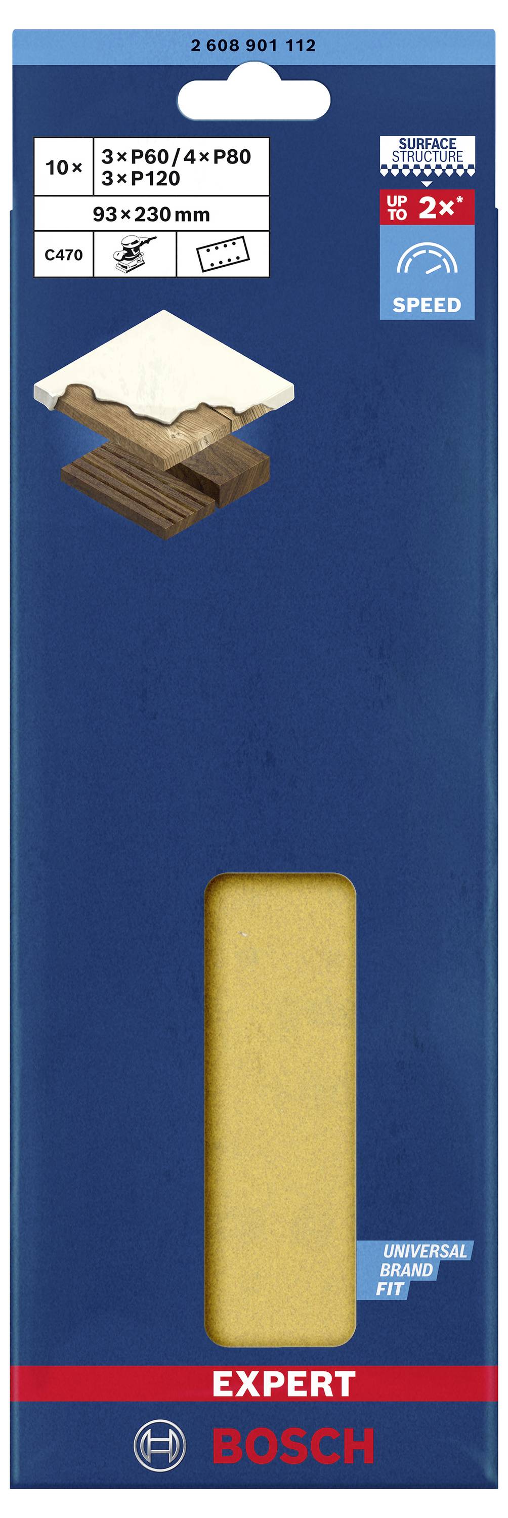 Egy Bosch csiszolópapír csomag fának 10 darab lappal: 3x P60 szemcseméret, 4x P80, 3x P120. Méret: 93 x 230 mm. Alkalmas fa csiszolásához.
