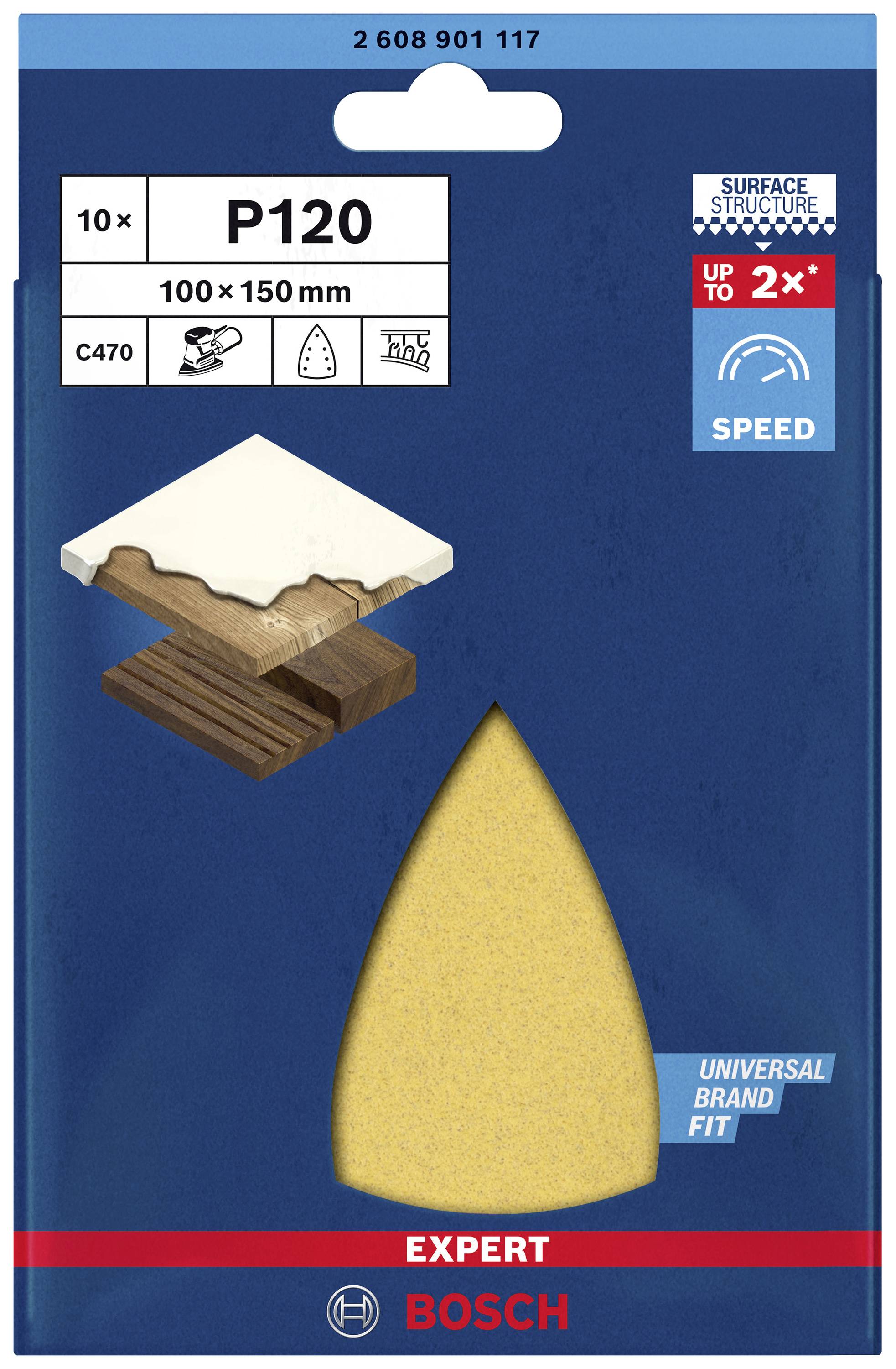 Bosch Expert csiszolópapír csomagolása, P120 szemcseméret, 100x150 mm, fához. Alkalmas univerzális csiszológépekhez.