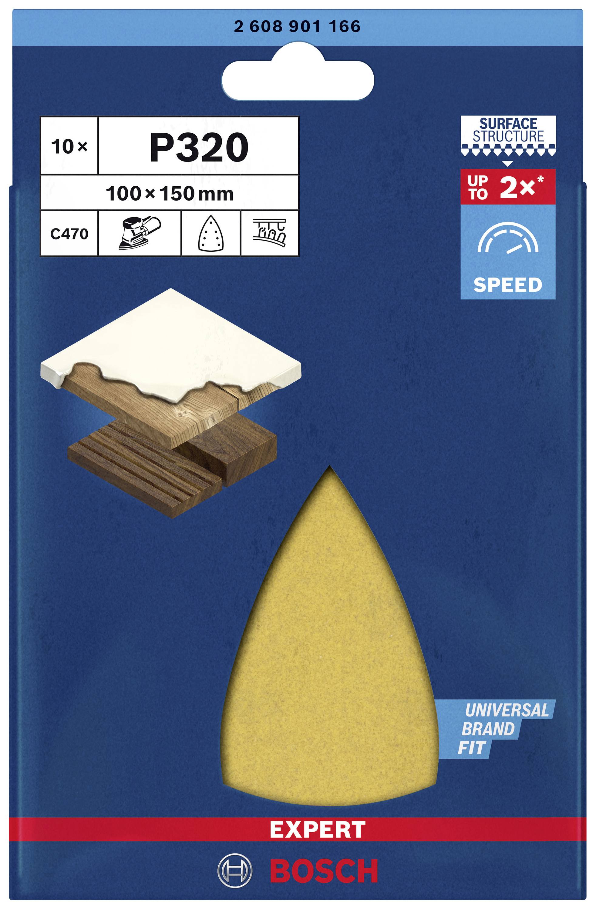 'Bosch csiszolópapír P320, 10 darab, 100 x 150 mm, fafelületek számára, kompatibilis különböző márkákkal, nagy hatékonyság.'