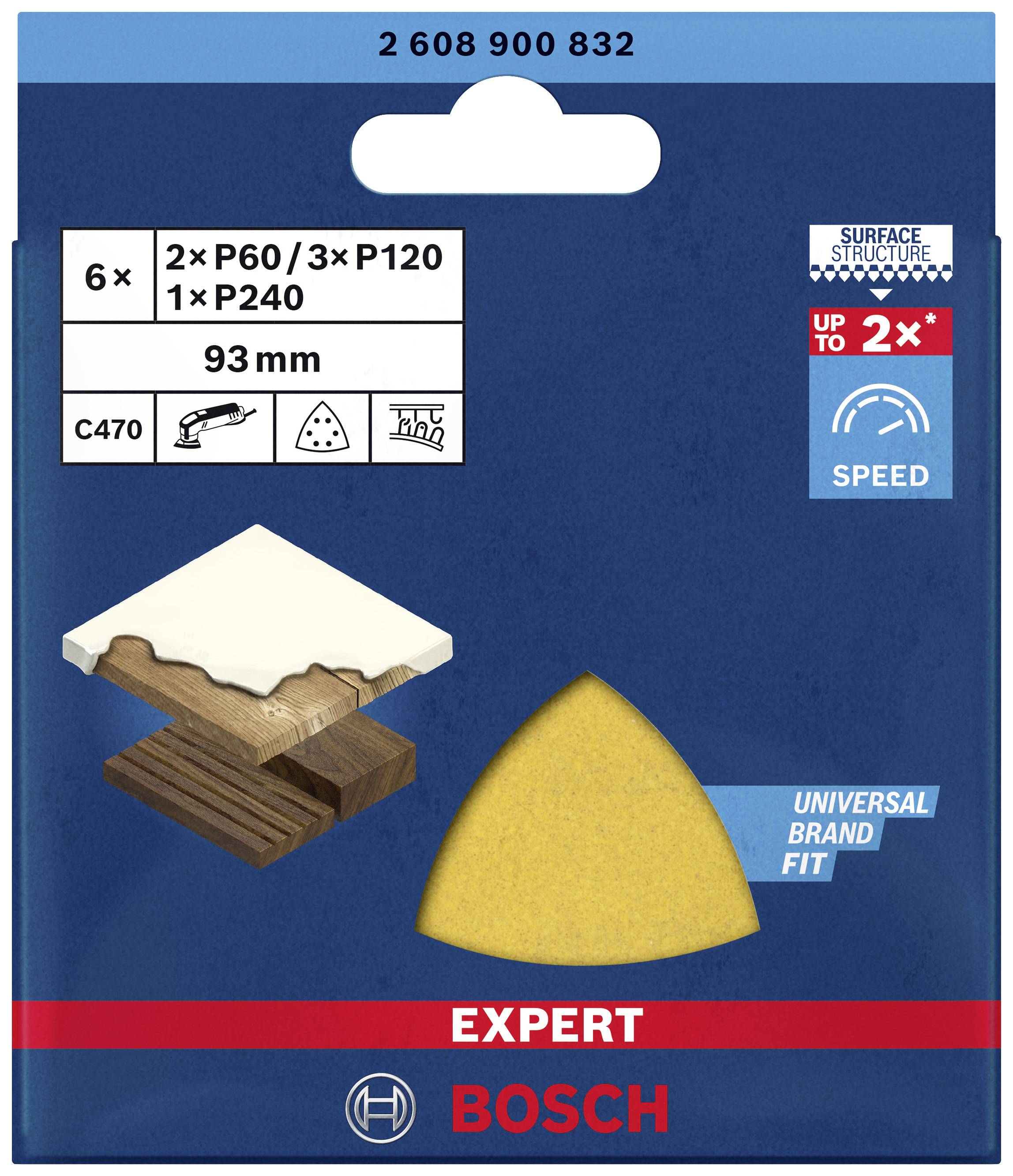 Háromszög alakú csiszolópapír csomag fának. Tartalmaz 6 ívet: 2x P60, 3x P120, 1x P240. Márkanév alul.