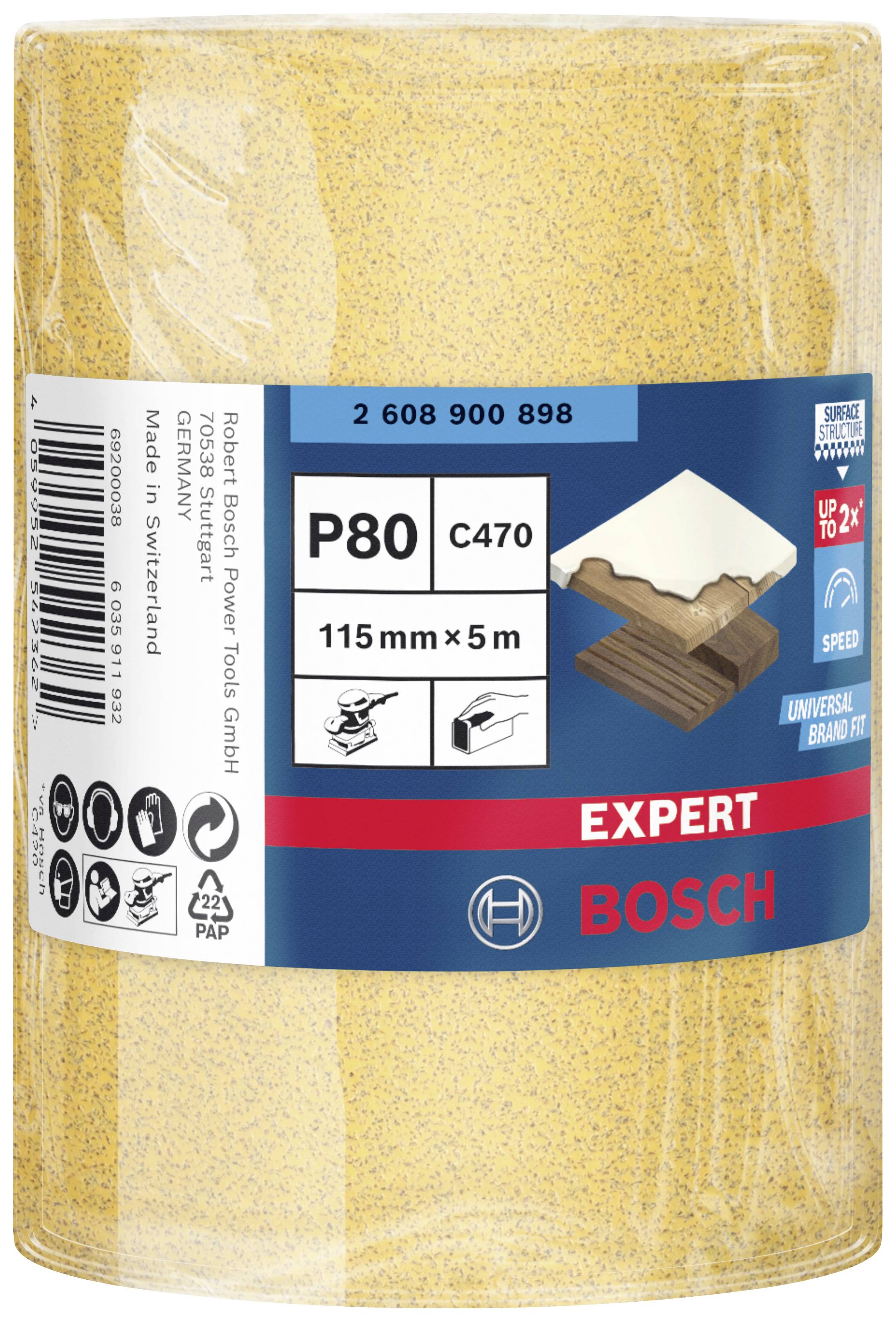 Bosch csiszolópapír tekercs, P80 szemcseméret, 115mm x 5m, csomagolt. Fafeldolgozáshoz alkalmas, termékspecifikációkat tartalmaz.