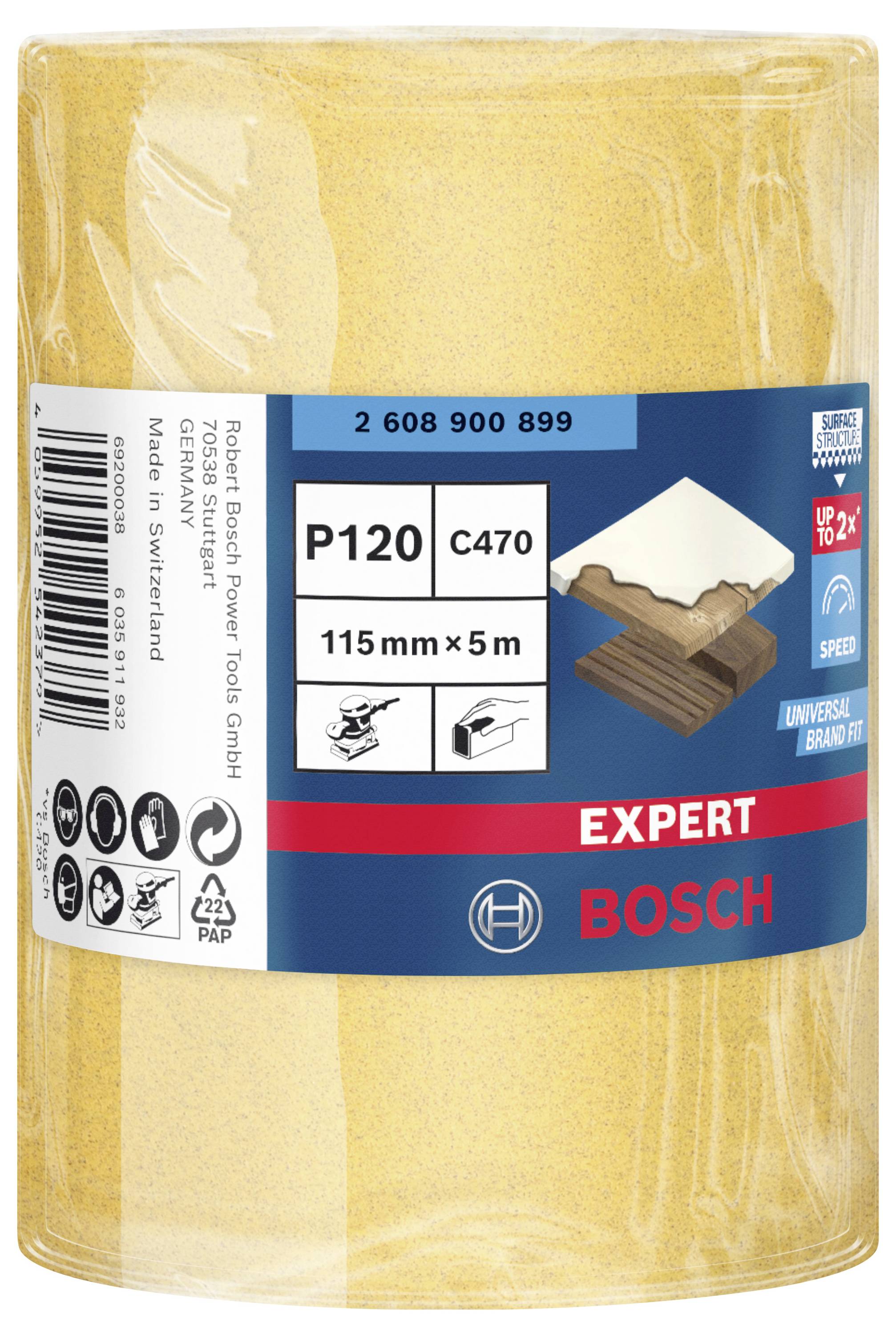 Egy sárga csiszolópapír tekercs Bosch márkától, alkalmas fa, festék és lakk csiszolásához. Szemcseméret P120, 115 mm x 5 m. Maximális fordulatszám 240 ford/perc.