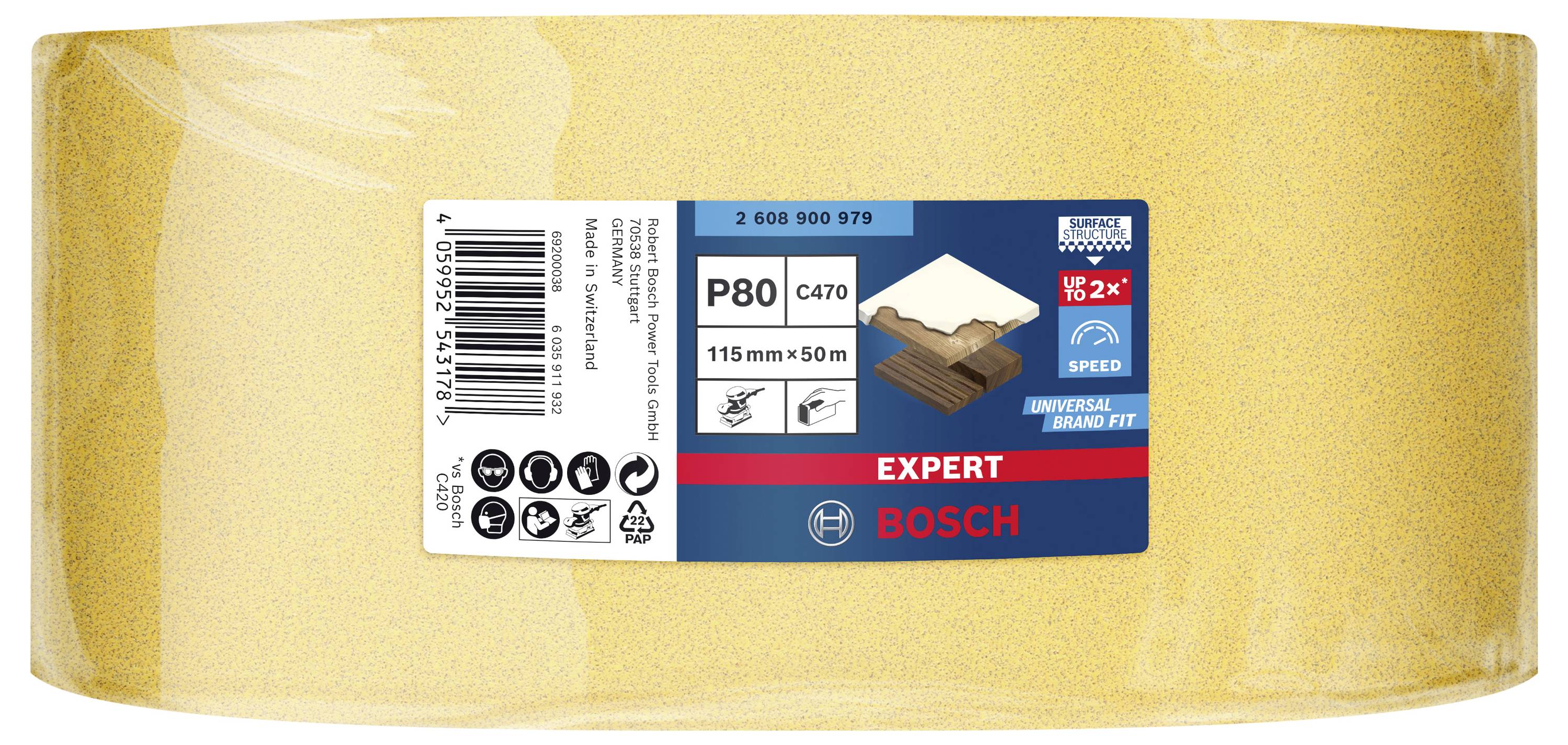Bosch csiszolópapír tekercs, P80 szemcseméret, méret 115 mm x 50 m, alkalmas fa és lakk felületek csiszolásához. A csomagoláson a Bosch logó és felhasználási szimbólumok láthatók.