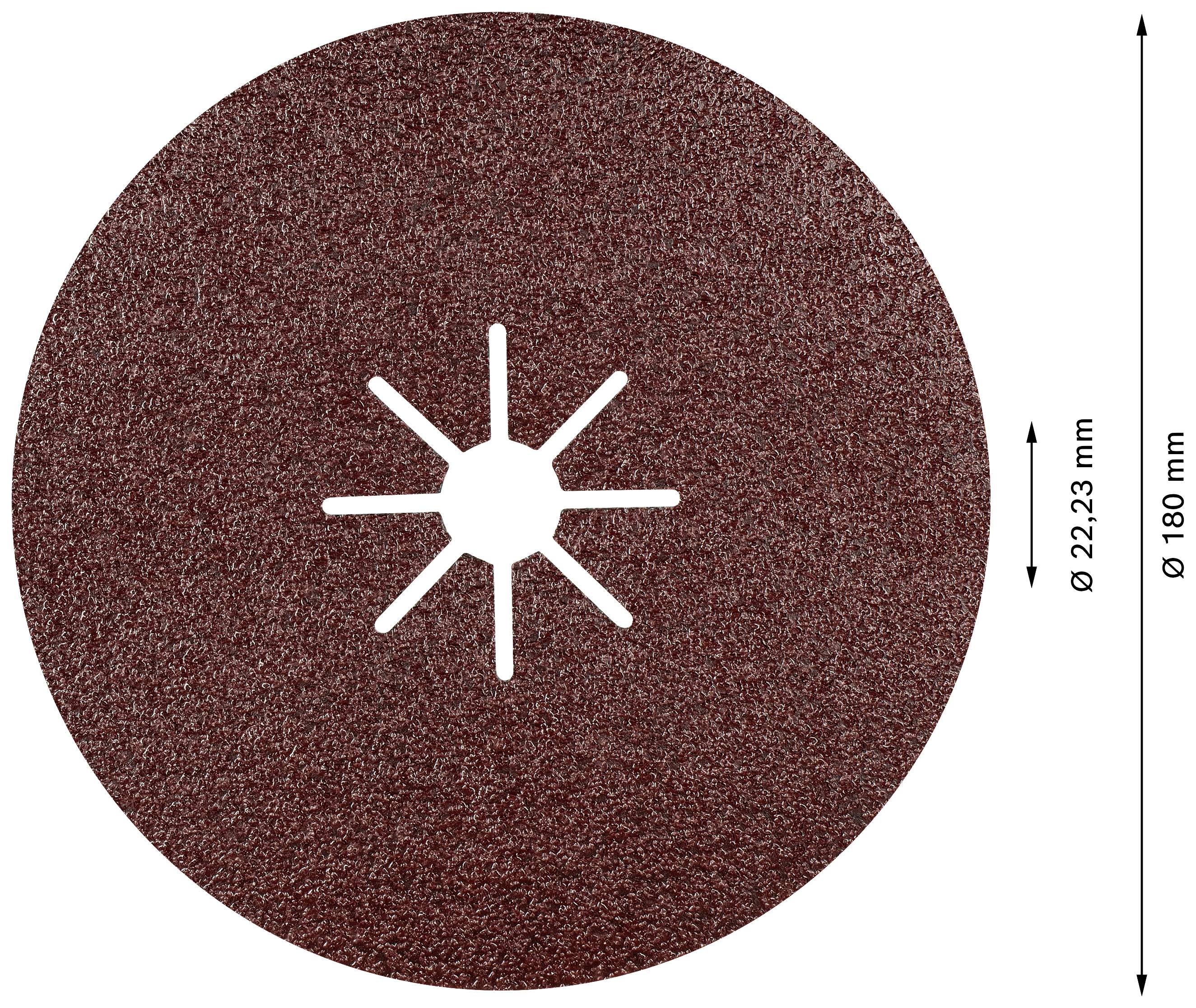 180 mm átmérőjű kerek csiszolótárcsa, 22,23 mm átmérőjű központi furattal, rozsdabarna felülettel.