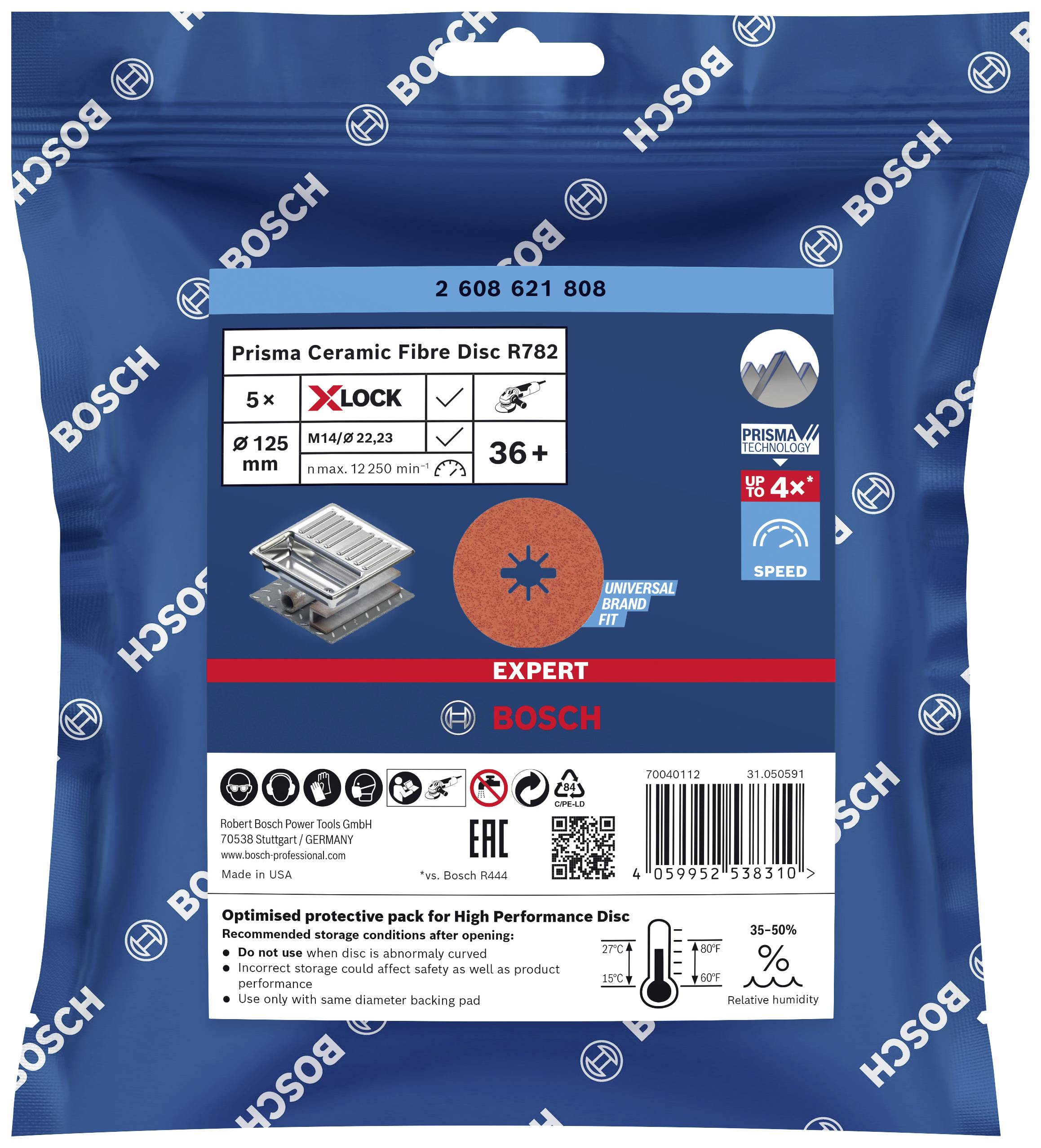 Bosch Prisma kerámia csiszolótárcsa R782, 5 darabos csomag, 125 mm átmérő, 36-os szemcseméret, alkalmas fémfeldolgozáshoz.