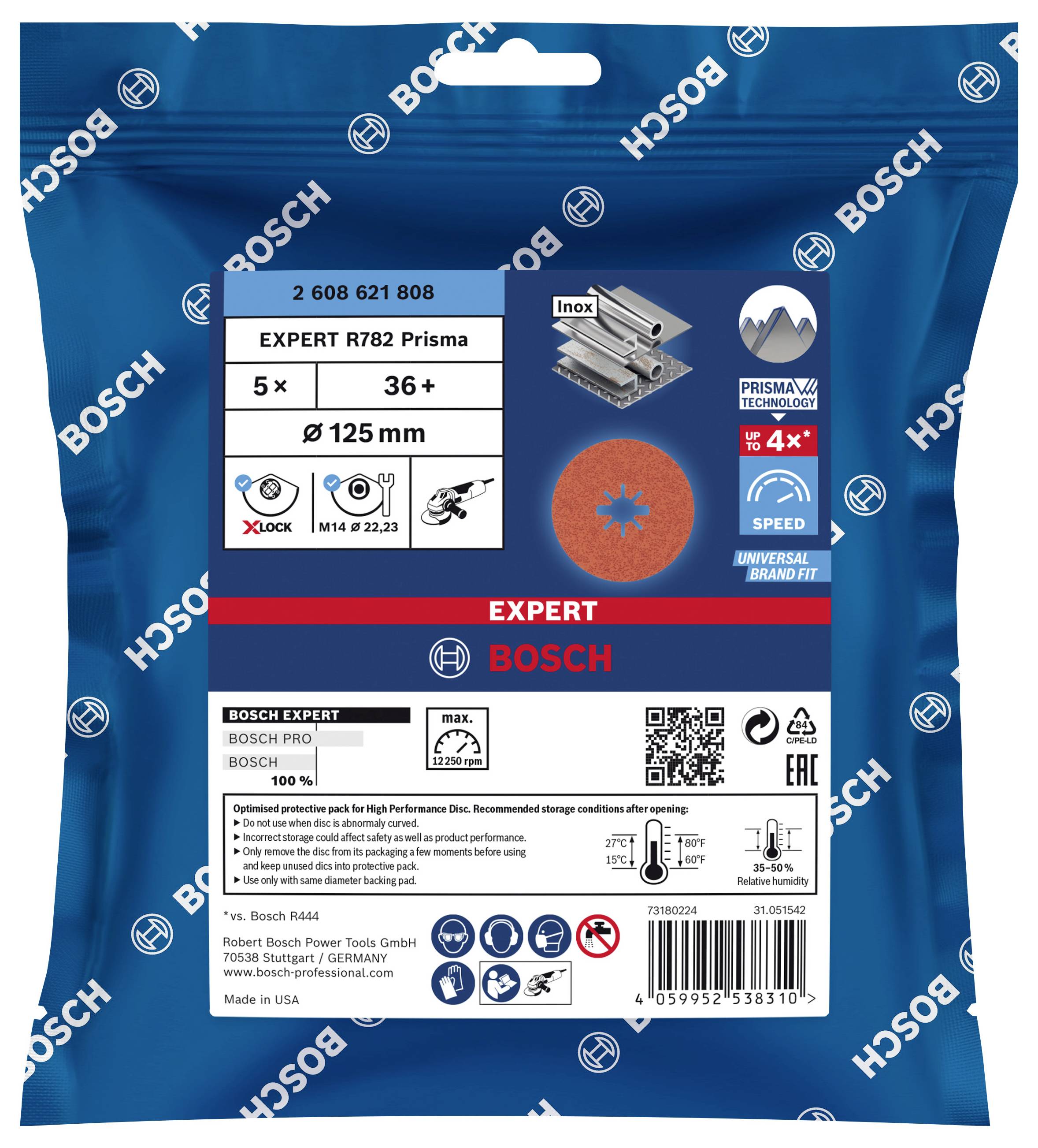 Bosch Expert R782 Prisma vágókorong csomagolás, alkalmas Inox anyagokhoz, 125 mm átmérő, X-LOCK rendszerrel, 5 darab.
