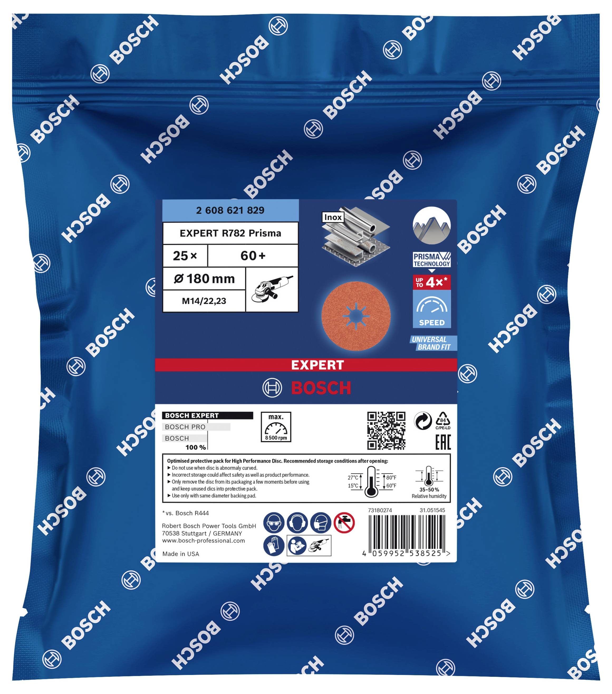 A Bosch Expert R782 Prisma csiszolókorong csomagolása, 25 darab, 180 mm, 60+ szemcseméret, alkalmas fémmegmunkáláshoz.