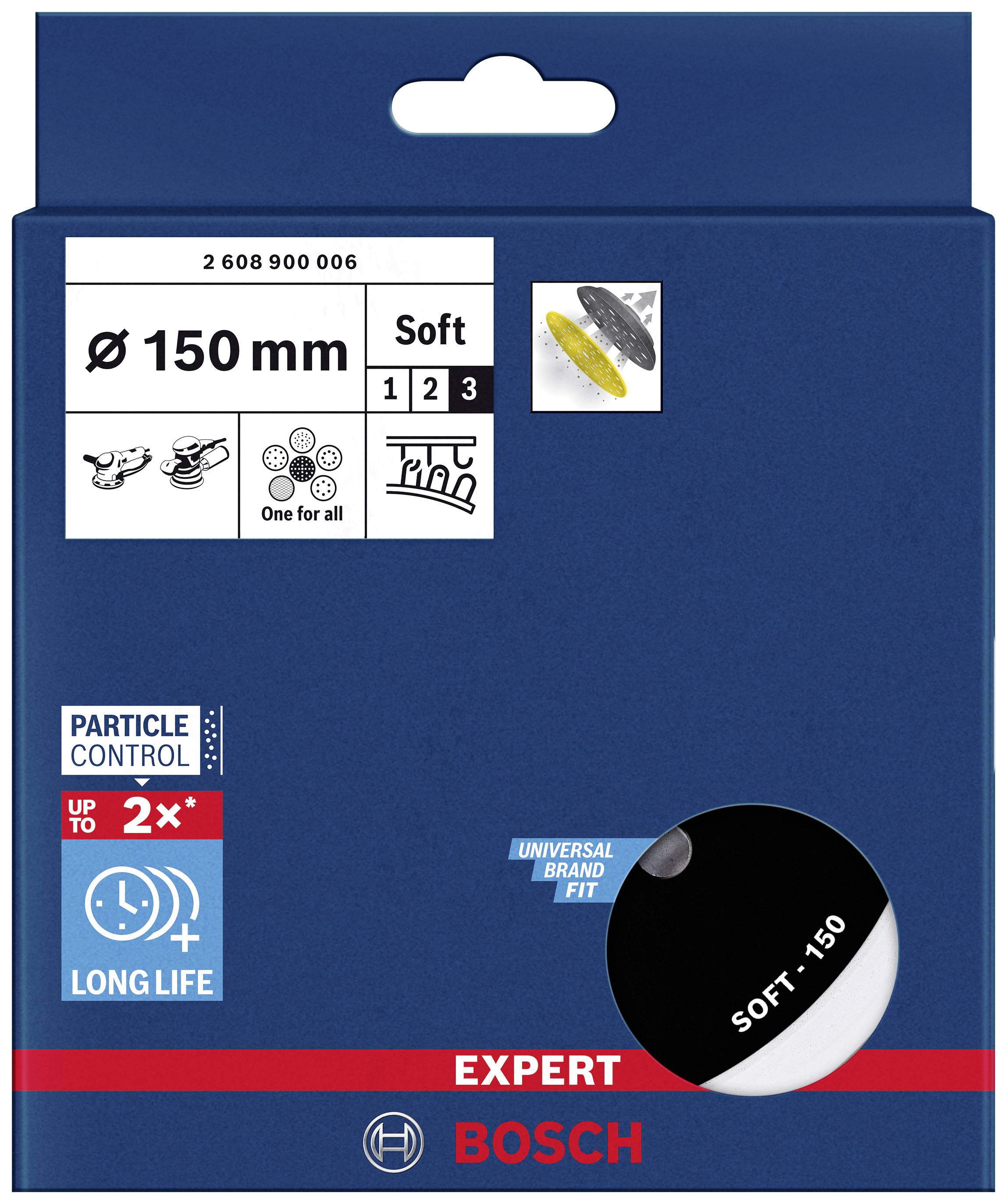 Bosch csiszolópapír, 150 mm átmérőjű, alkalmas fa, festék és fém megmunkálásához. Szimbólumok jelzik sokoldalúságát és tartósságát.