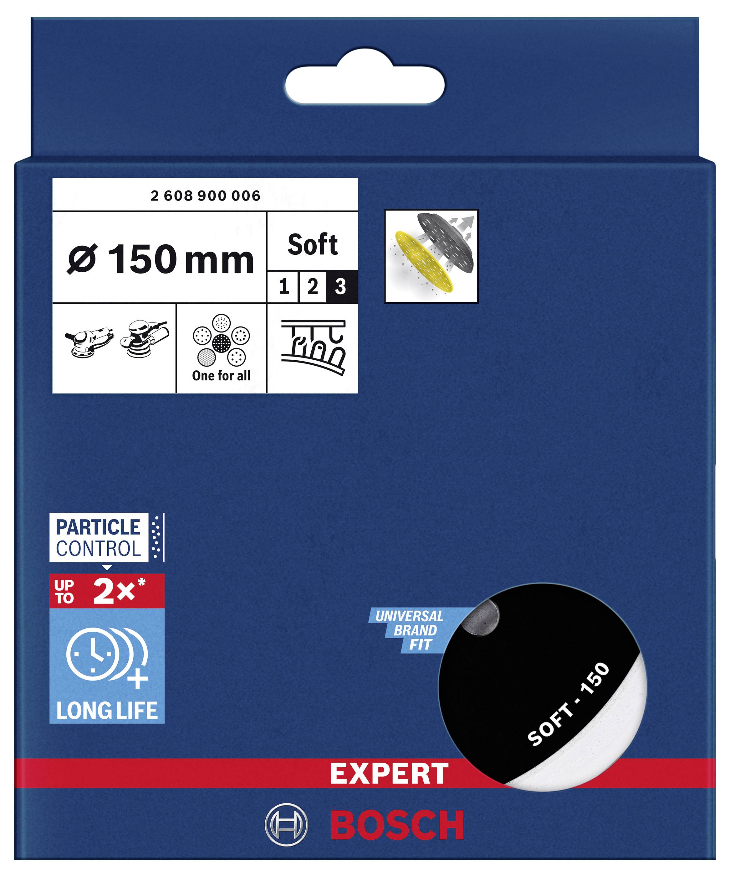 Egy 'Bosch Expert' feliratú csomag. Tartalmaz csiszolókorongokat, 150 mm átmérőjű, minden csiszológéphez alkalmas kivitelben.