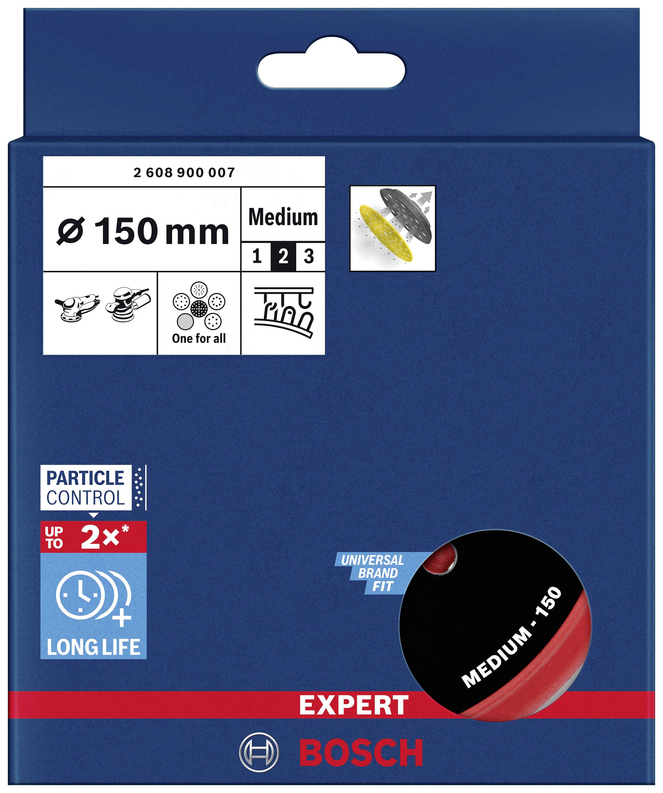 Bosch csiszolókorong csomagolás, 150 mm átmérő, közepes szemcseméret, alkalmas különböző anyagokhoz, hosszú élettartamot garantál.
