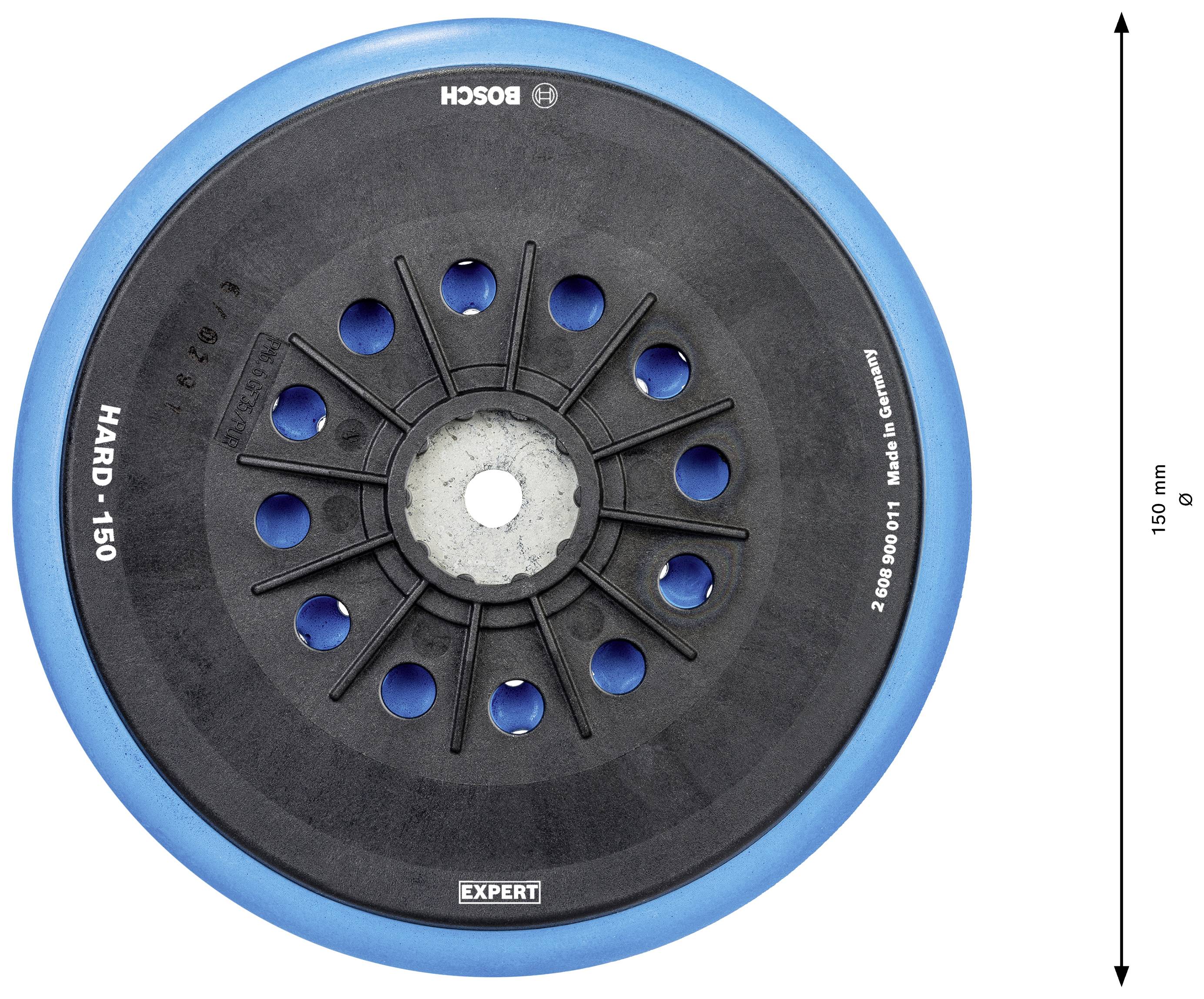 Egy fehér háttér előtt látható Bosch márkájú csiszolótányér, amelyen a 'HARD - 150' felirat olvasható, 150 mm átmérőjű.
