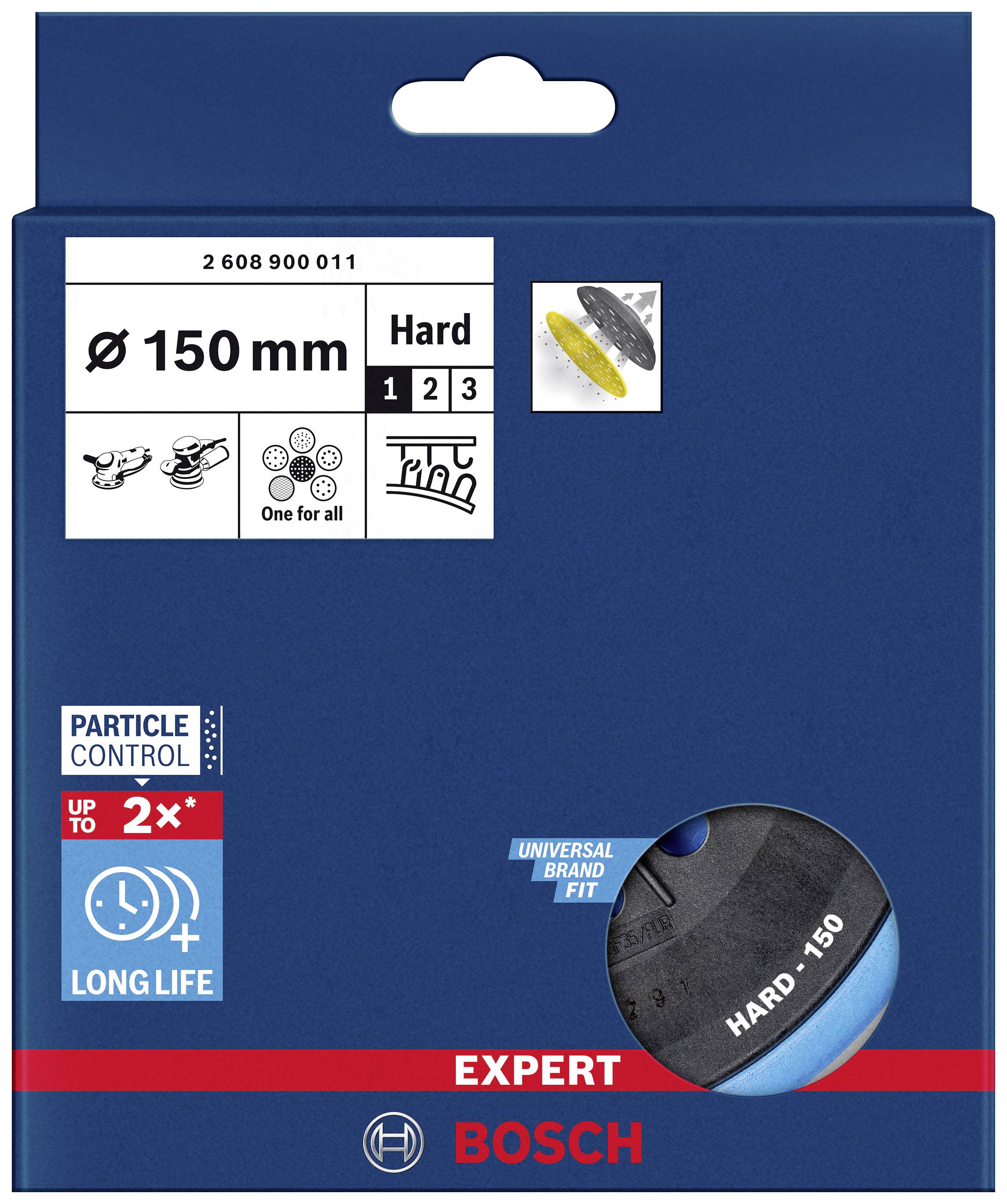 Kék csomagolás 'Bosch Expert' logóval. Jelzés: 150 mm átmérő, keménységi fokozat 1-3. Tartósság és részecskevédelem hangsúlyozva.