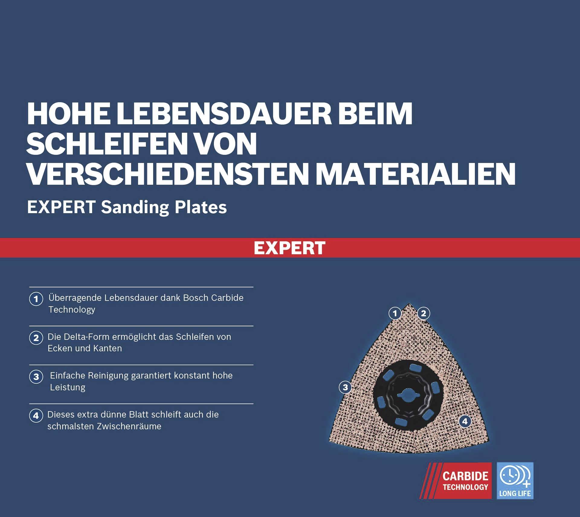 'EXPERT csiszolólapok Bosch Carbide technológiával hosszú élettartamot és delta formát kínálnak a precíz csiszoláshoz.'