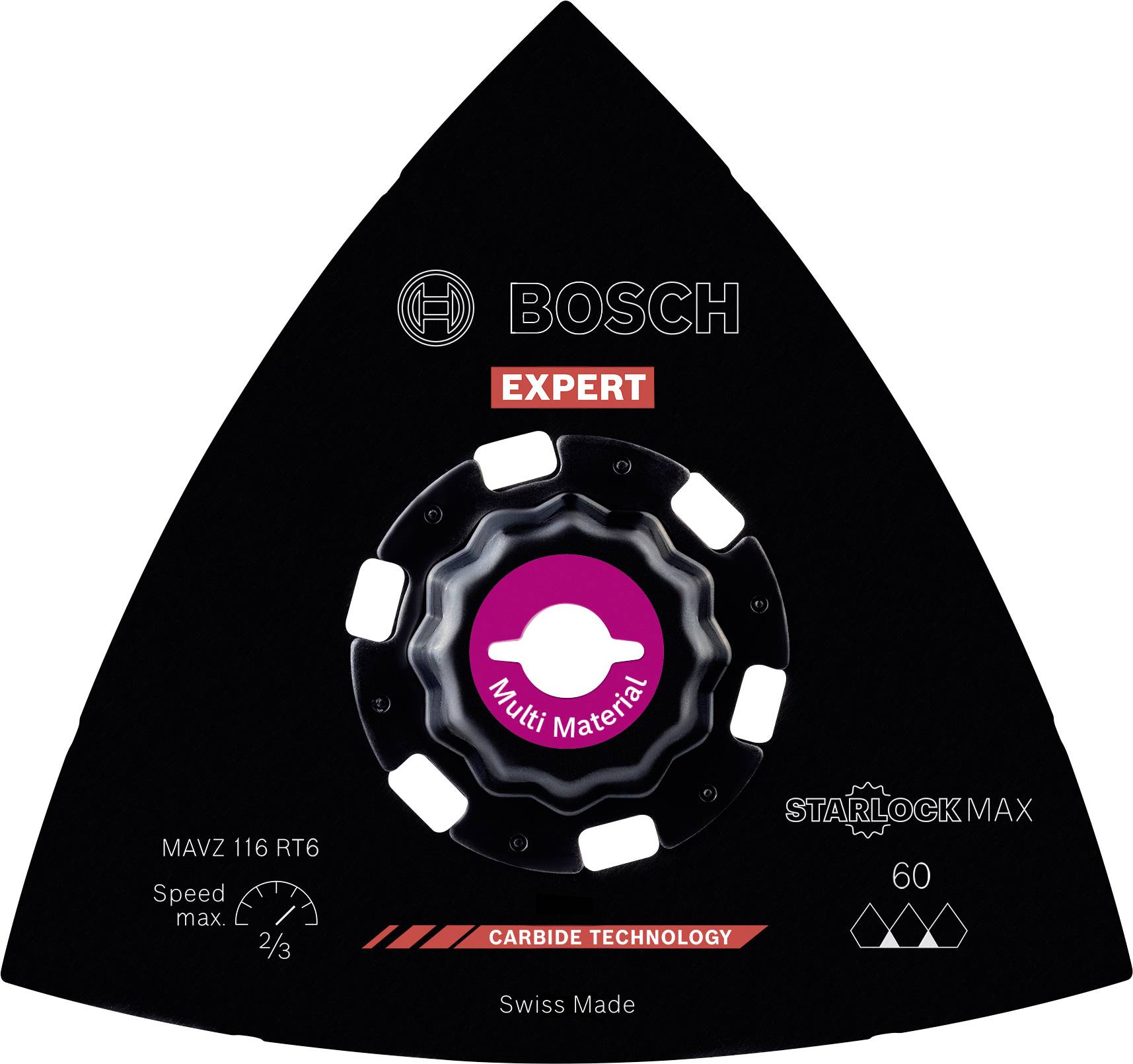 A kép egy háromszög alakú Bosch Expert csiszolólapot mutat többféle anyaghoz, Starlock Max rendszerekhez illeszkedően, amelyen a 'Carbide Technology' felirat olvasható.
