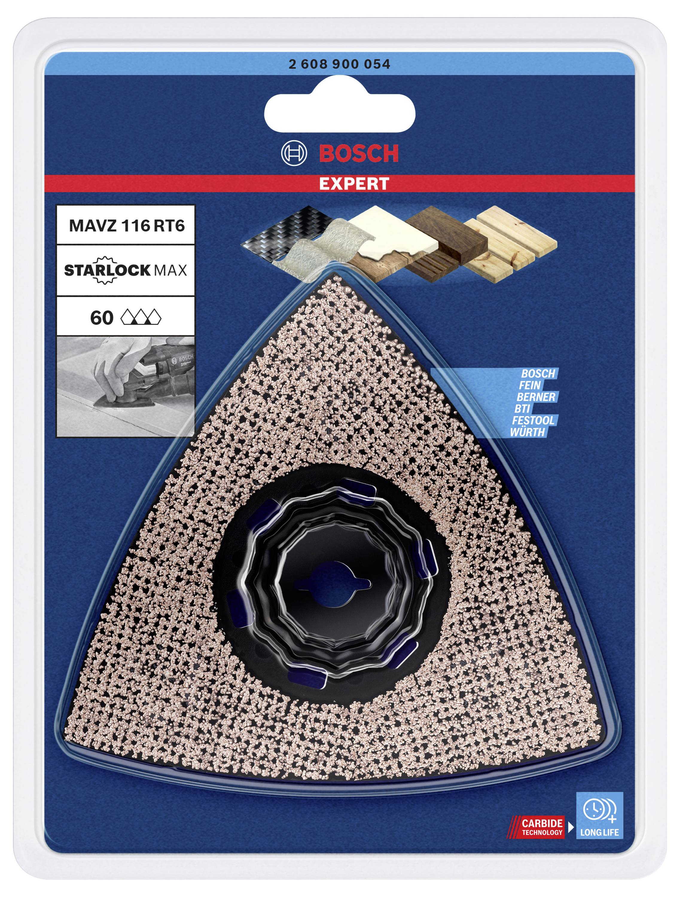 Bosch Expert MAVZ 116 RT6 háromszögű csiszolófej, alkalmas fa és fém megmunkálásához, Starlock MAX, 60-as szemcseméret, blisztercsomagolásban.