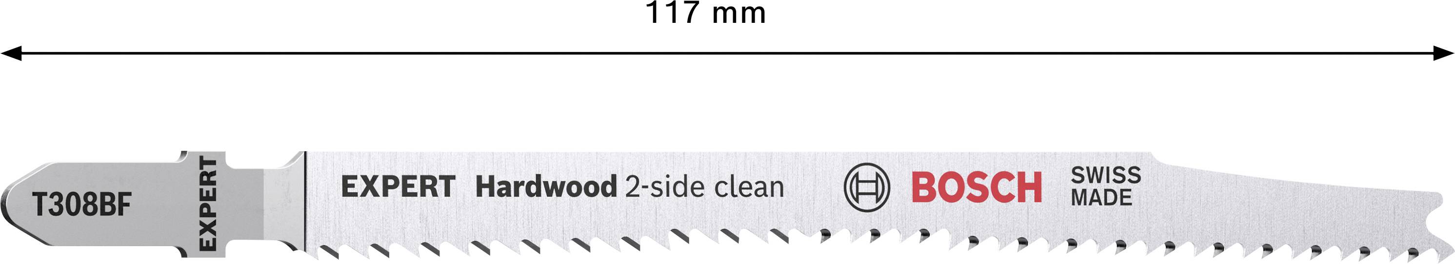 Bosch szúrófűrészlap T308BF, hosszúság 117 mm, 'EXPERT Hardwood 2-side clean' felirattal, tiszta favágásokhoz alkalmas.