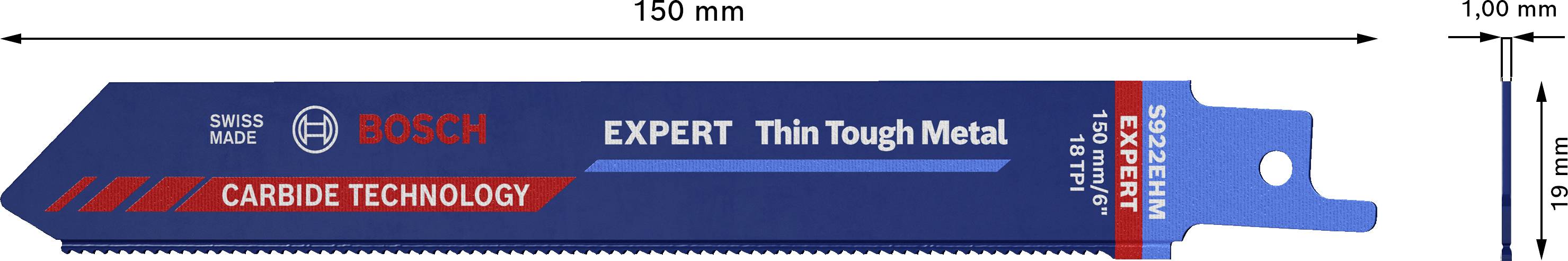 Szablyafűrészlap 'Bosch Expert Thin Tough Metal' felirattal. Hossz: 150 mm, szélesség: 19 mm, vastagság: 1 mm.
