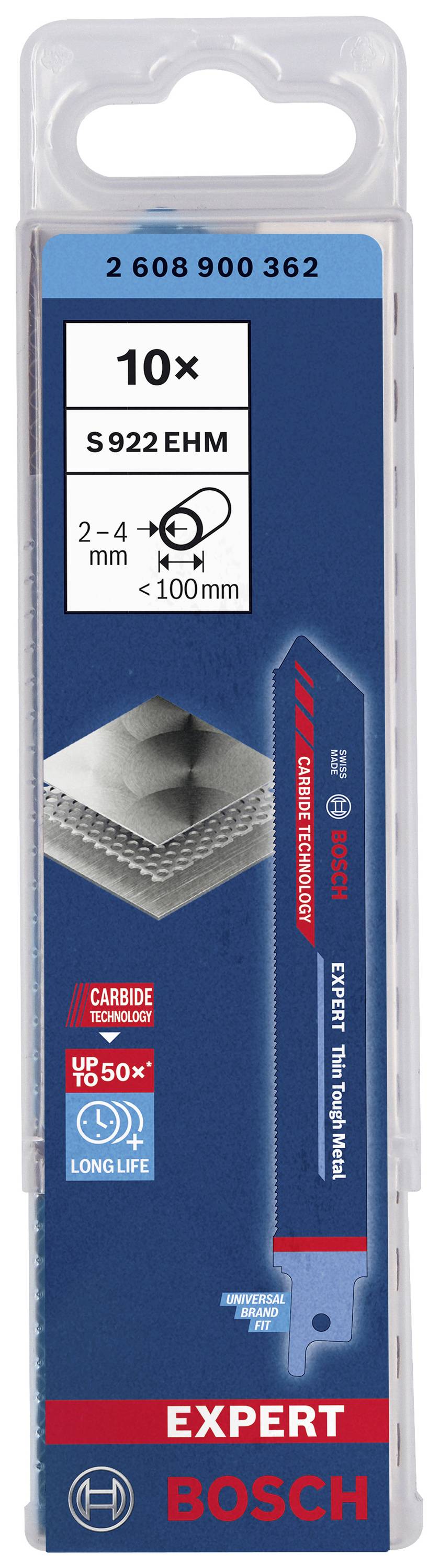 A csomag tartalmaz 10 darab Bosch fűrészlapot, S922 EHM modell, alkalmas 2-4 mm vastagságú fémek vágására. Felirat: 'DURATEC Technológia', 'Karbid Technológia'.