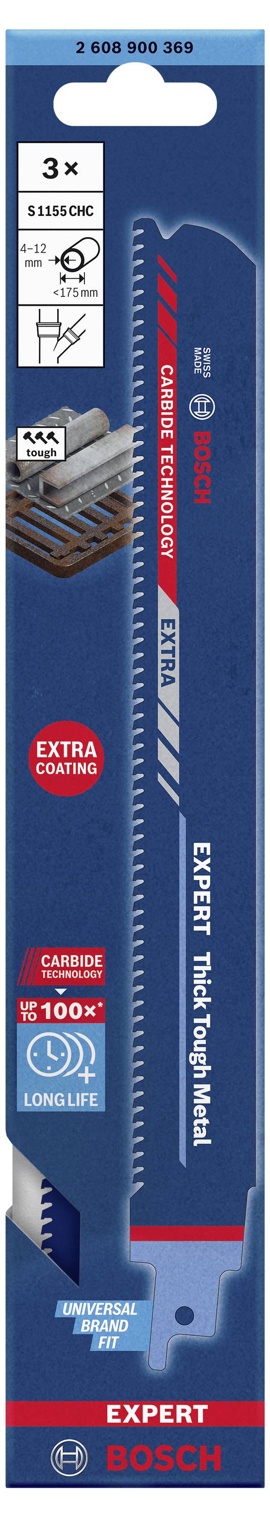 'Bosch Expert' fűrészlap csomag. Fémvágásra alkalmas, részletek: 3x élettartam, 100x vágás, S 1150 CH modellszám.