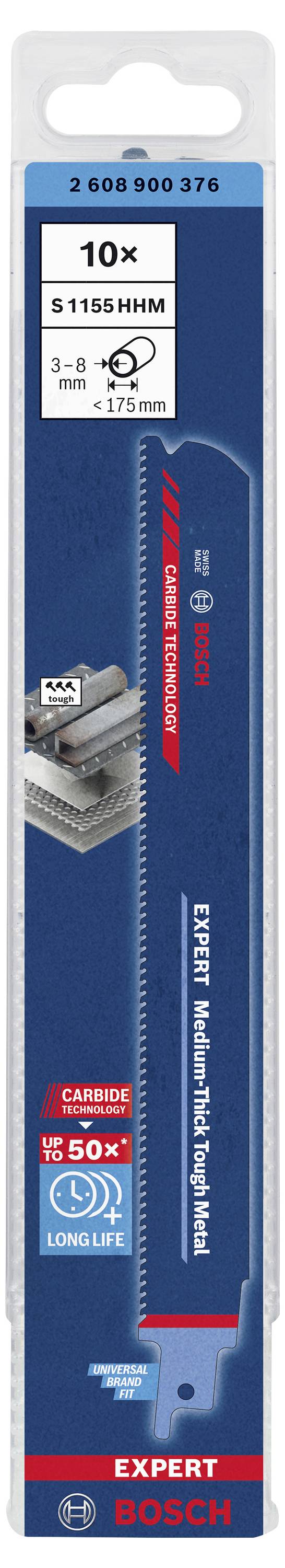 'Bosch Expert' szúrófűrészlap, S 1155 modell, 10 darab, alkalmas fémvágásra, hosszú élettartamú, a csomagolás a fűrészlapot és a logókat mutatja.