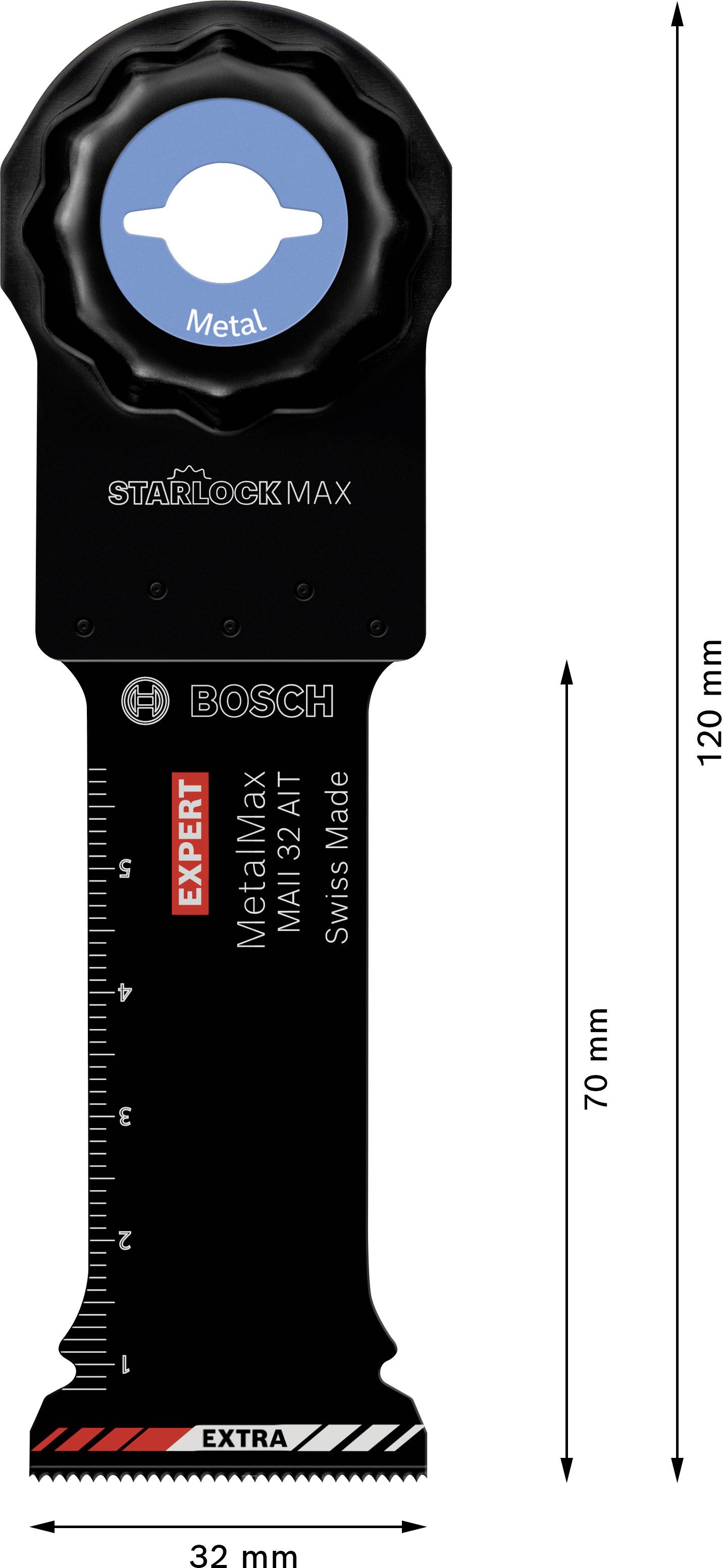 Bosch MultiTool fűrészlap StarlockMax befogással, fémmegmunkálásra alkalmas. Hosszúság: 120 mm, szélesség: 32 mm, fogazott felület: 70 mm.