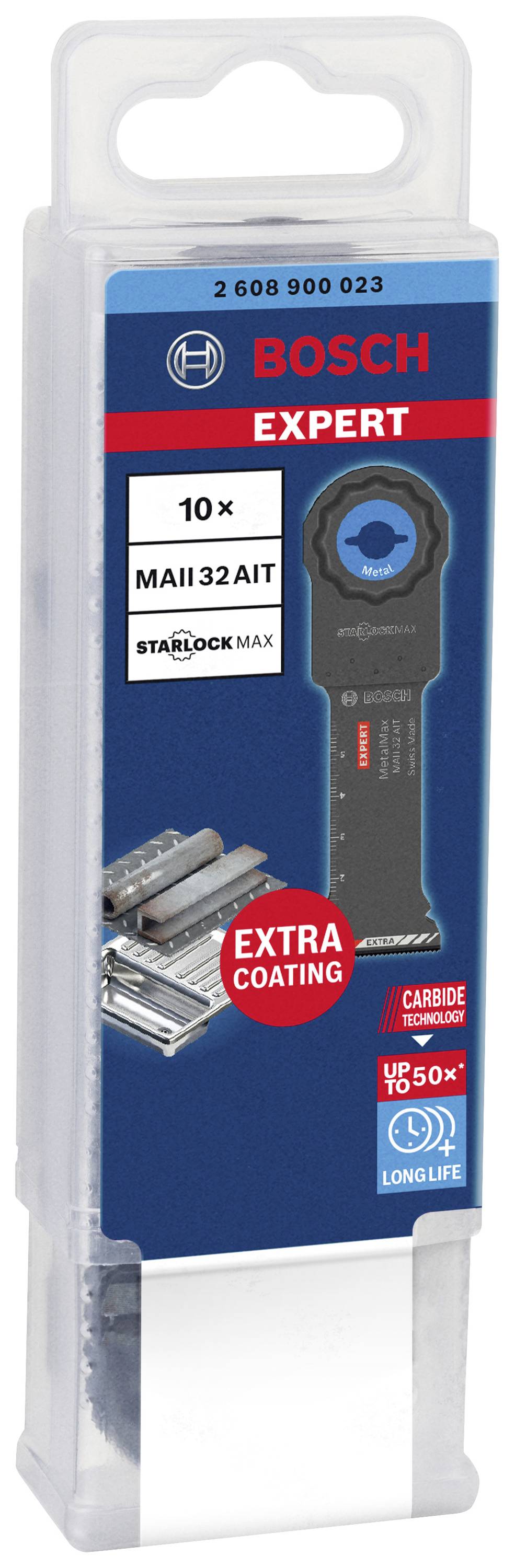 Bosch Expert fűrészlapok csomagolása, 10 darab, StarlockMax szerszámokhoz. Kiemelve: 'Extra bevonat' és 'Hosszú élettartam'.