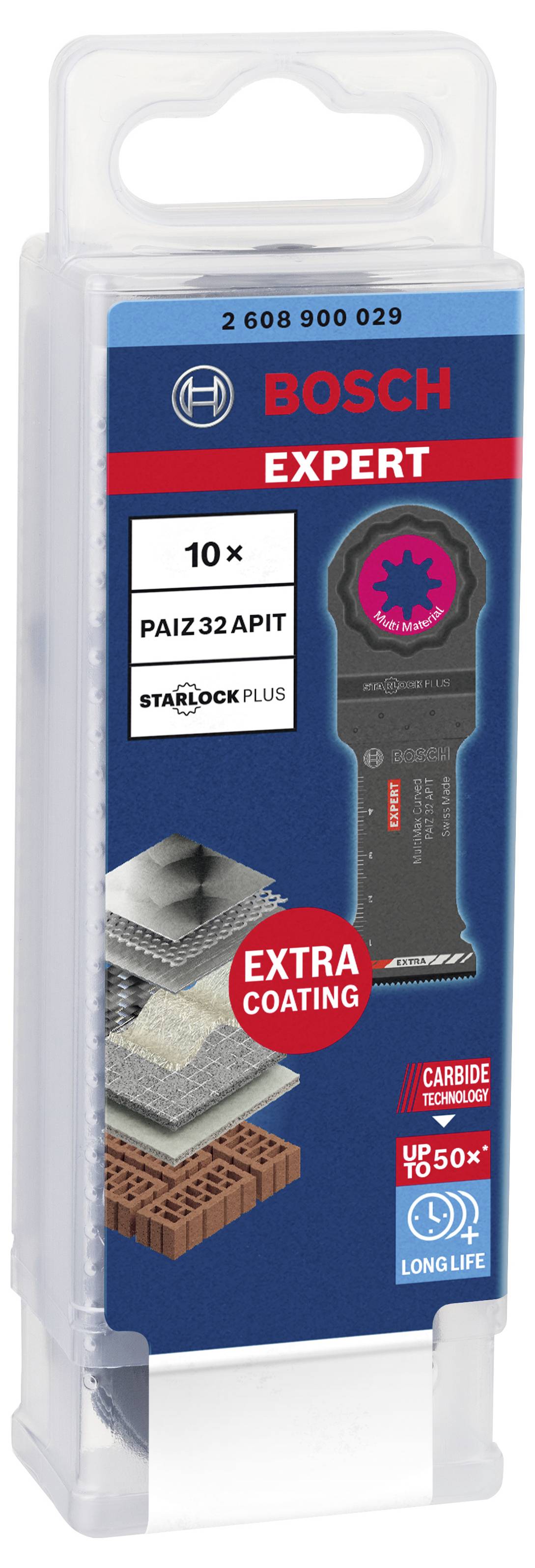 Bosch Expert fűrészlapok PAIZ 32 APIT modell csomagolása, Starlock Plus rendszerrel. Kiemelve: Tartósság és extra védőréteg.
