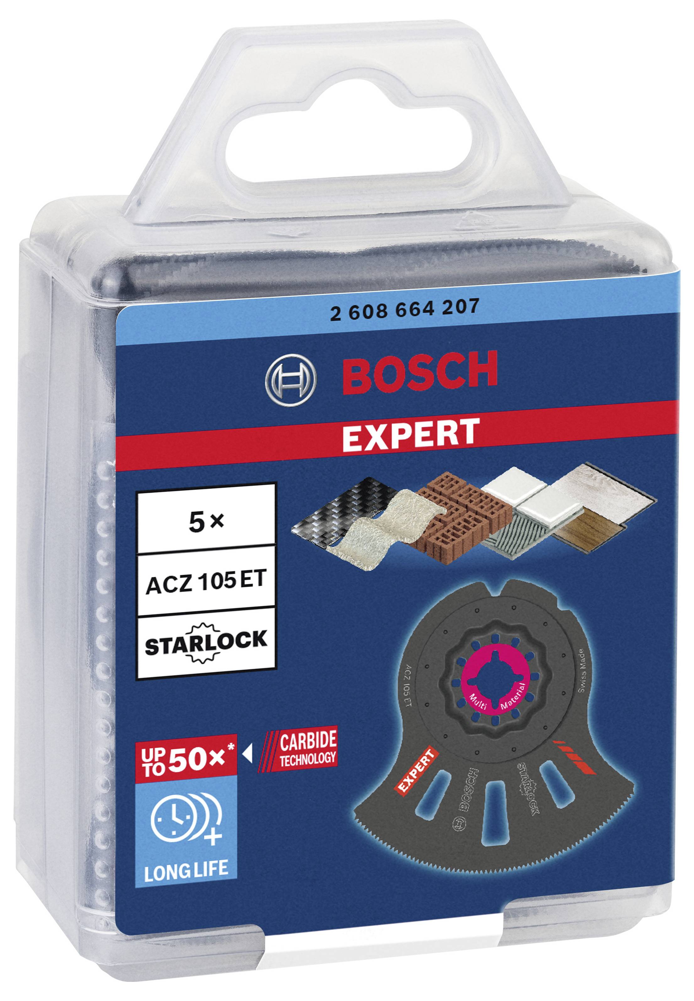 A Bosch Starlock Expert multifunkciós szerszám fűrészlapjainak csomagolása. Tartalmaz 5 darab Starlock-rögzítésű fűrészlapot precíziós vágáshoz.