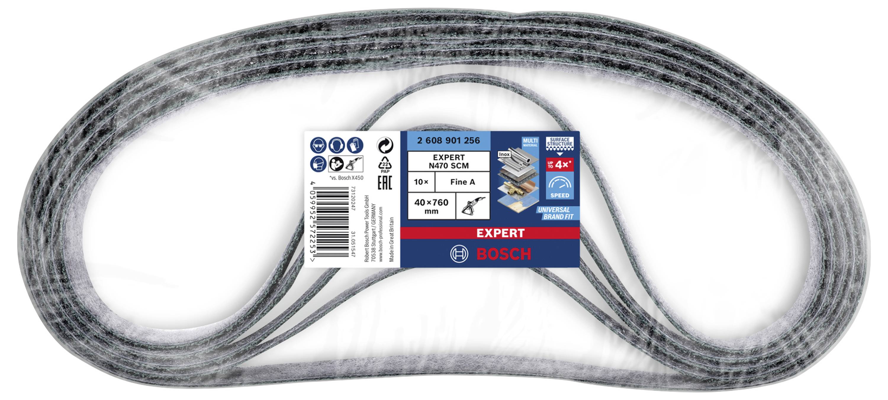 Bosch csiszolószalagok 'Expert N480 SCM' címkével, 40+100 szemcsemérettel, 40x760 mm-es gépekhez. Ideális precíziós csiszoláshoz.