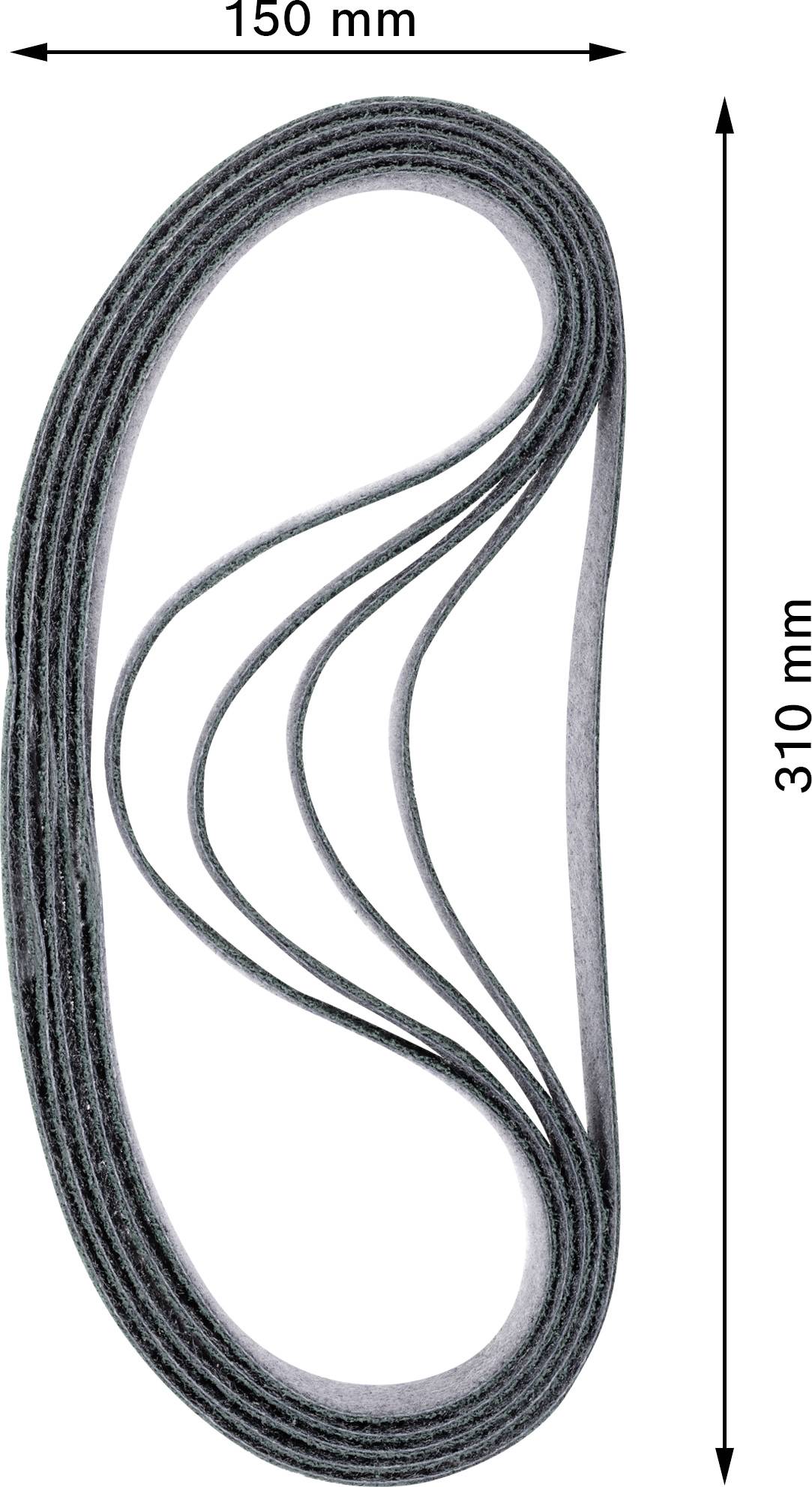 Egy szürke csiszolószalag hurok, 150 mm széles és 310 mm hosszú, felülnézetben bemutatva.