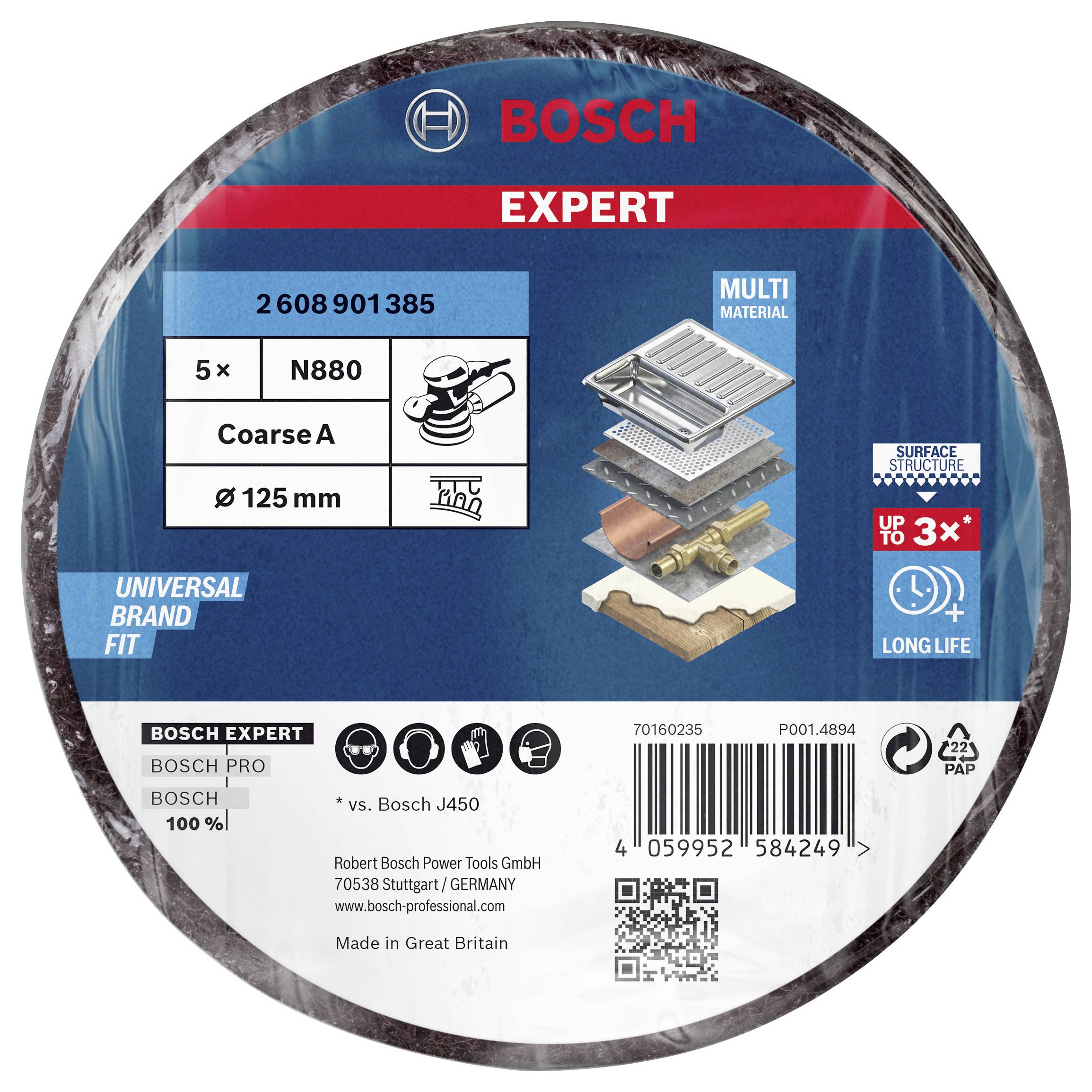 Bosch Expert csiszolótárcsa, 125 mm, többféle anyaghoz. Tartalmazza a termék részleteit és a rétegszerkezet diagramját.