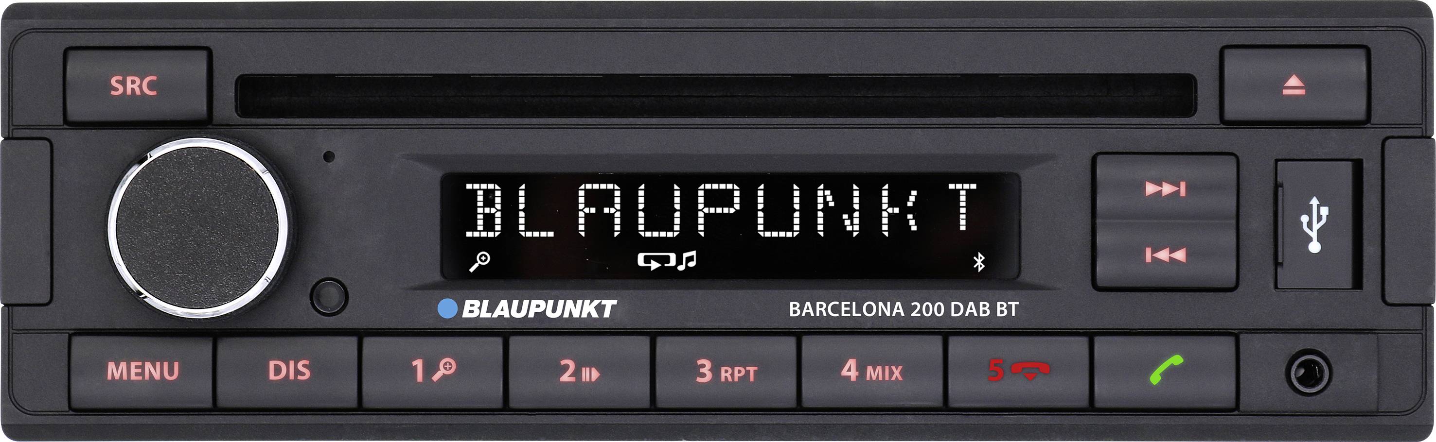 Blaupunkt Barcelona 200 DAB BT autórádió LCD-kijelzővel, kezelőgombokkal, USB-csatlakozóval és CD-lejátszóval.