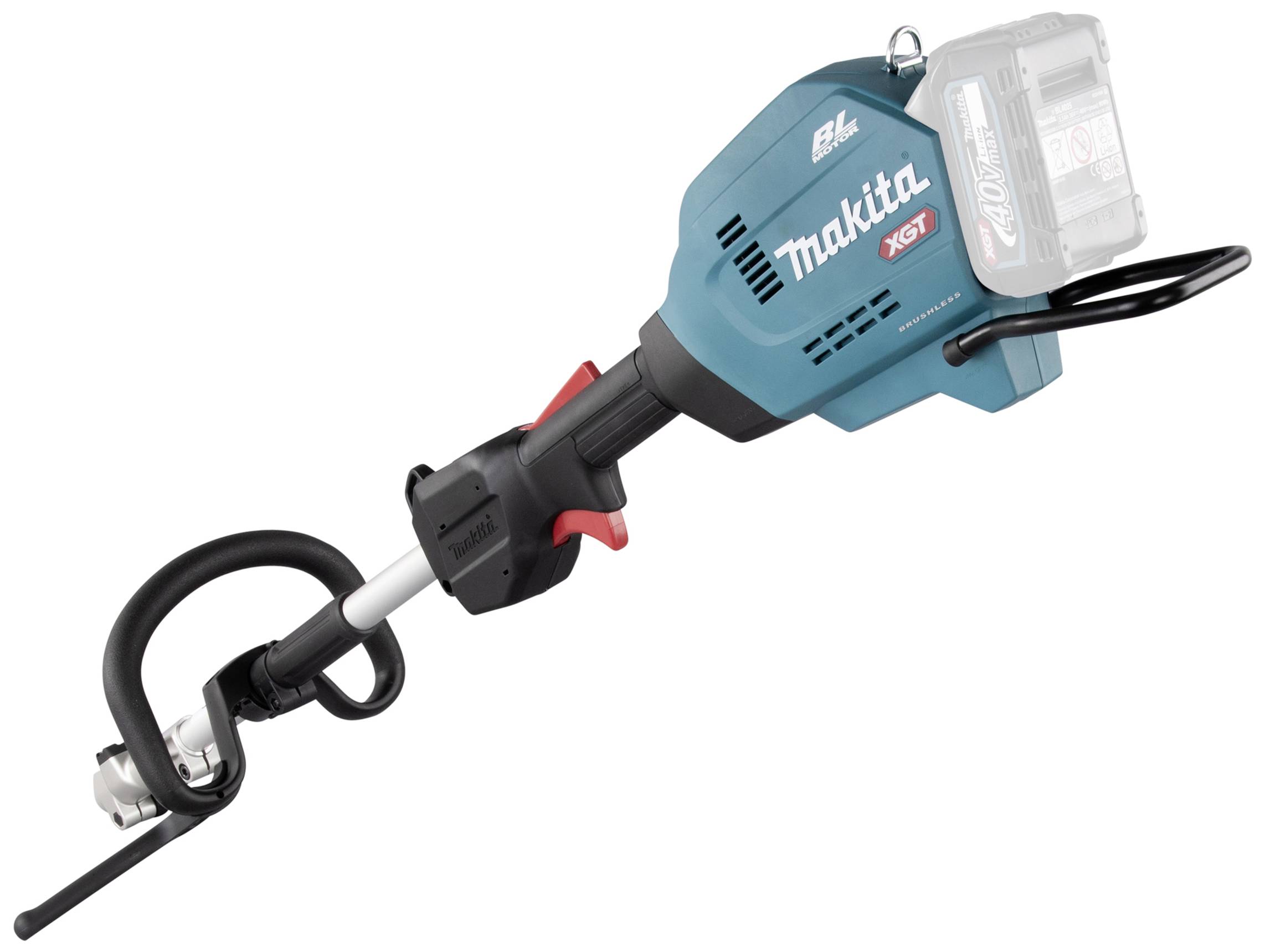 Egy kék, vezeték nélküli Makita fűnyíró trimmer, ergonomikus fogantyúval és átlátszó akkumulátortartóval a felső részén.