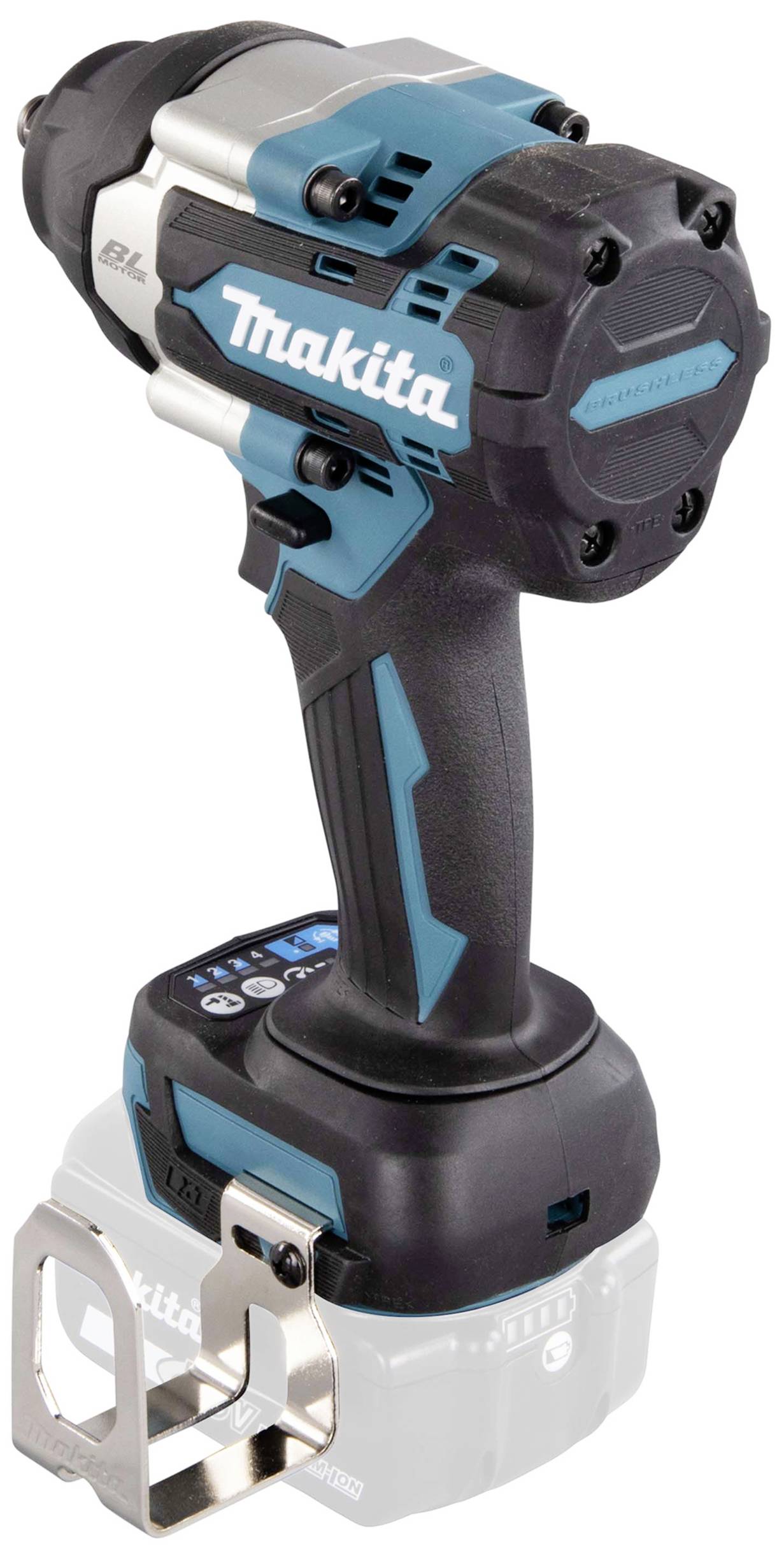 Makita akkumulátoros csavarozó kék és fekete színben, ergonomikus fogantyúval és fém tartóval.