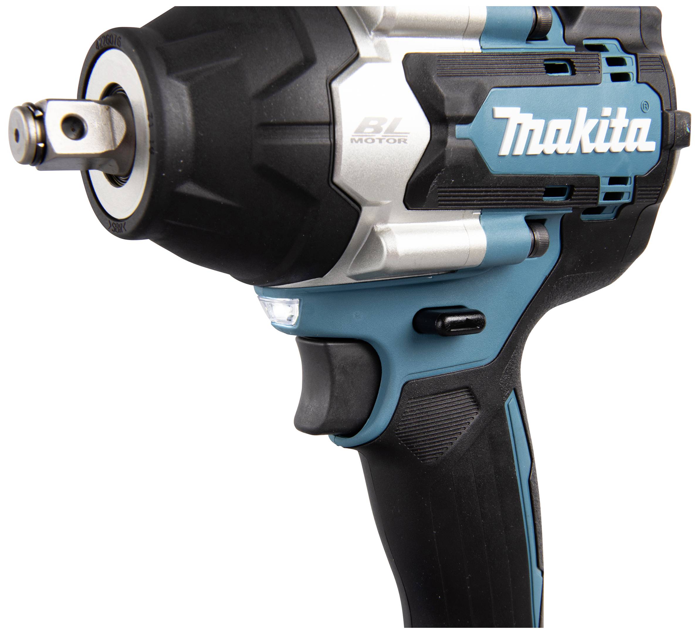 Makita márkájú elektromosütvecsavarozó erős BL-motorral, ergonomikus markolattal és kék-fekete dizájnnal.
